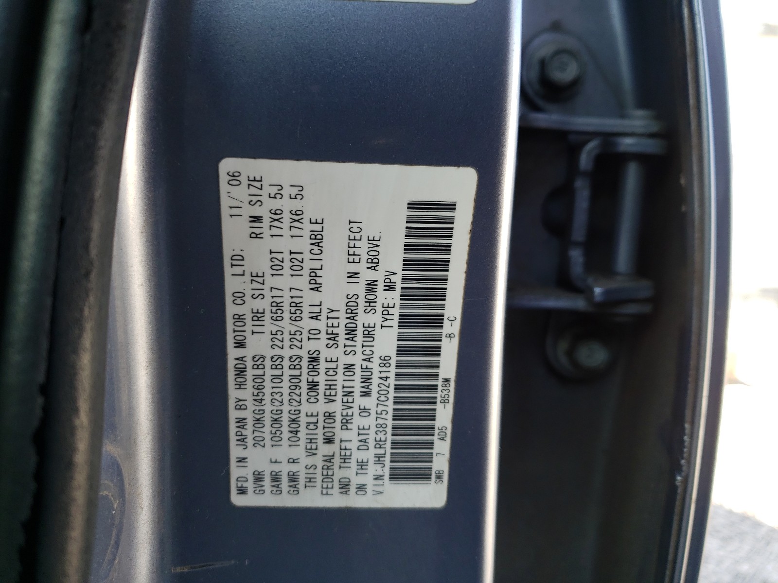 Photo 10 from auction – 2007 HONDA CR-V EXL with VIN JHLRE38757C024186