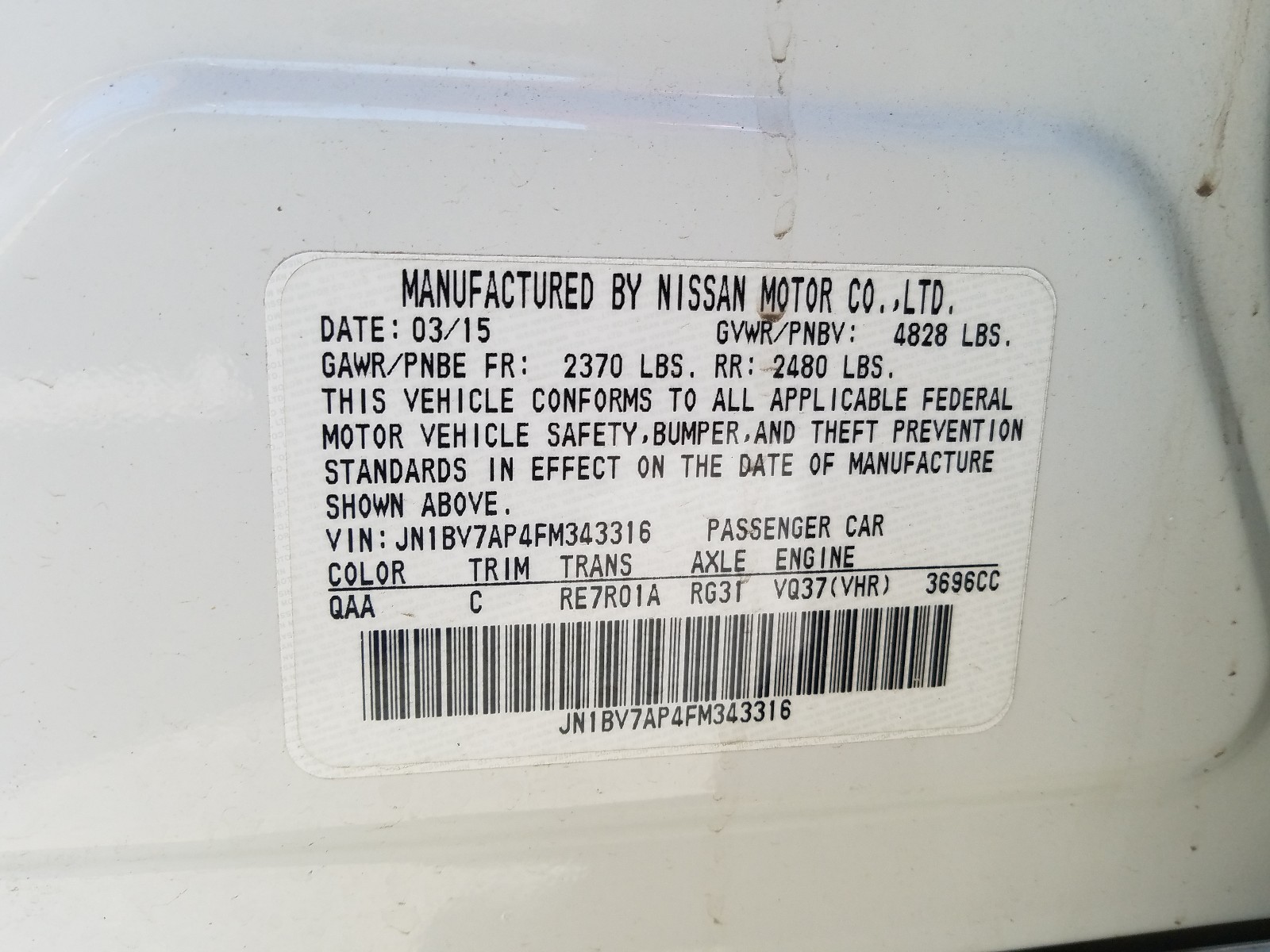 Photo 10 from auction – 2015 INFINITI Q50 BASE with VIN JN1BV7AP4FM343316