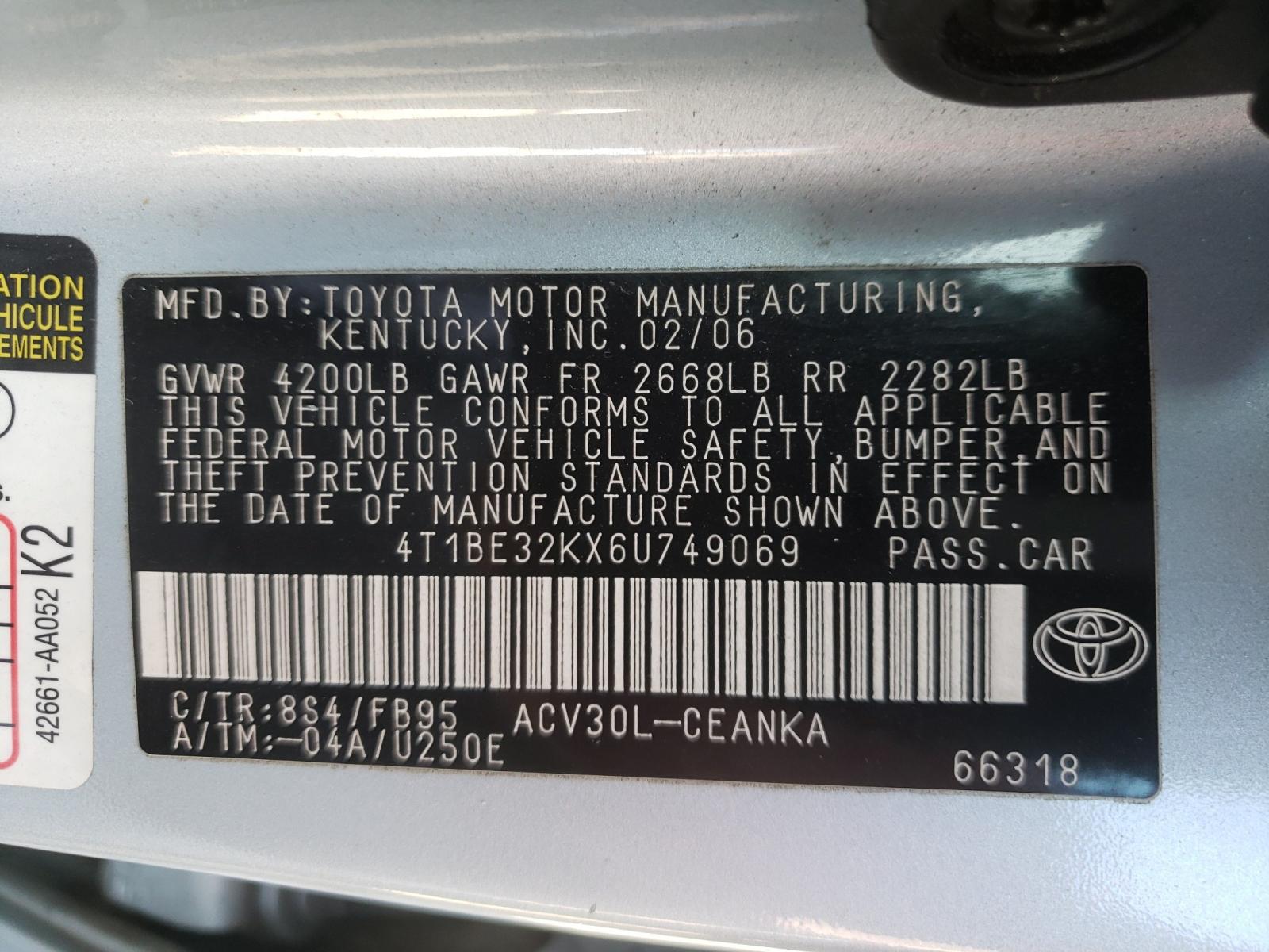 Photo 10 from auction – 2006 TOYOTA CAMRY with VIN 4T1BE32KX6U749069