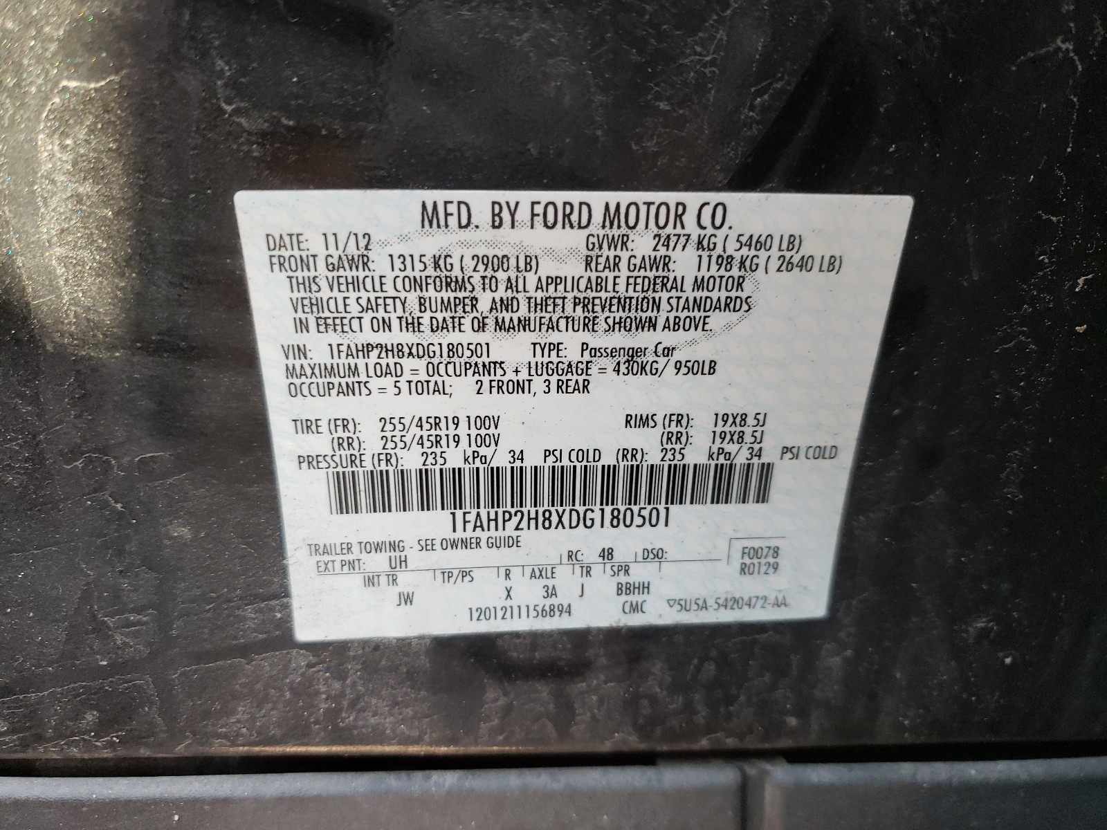 Photo 10 from auction – 2013 FORD TAURUS SEL with VIN 1FAHP2H8XDG180501