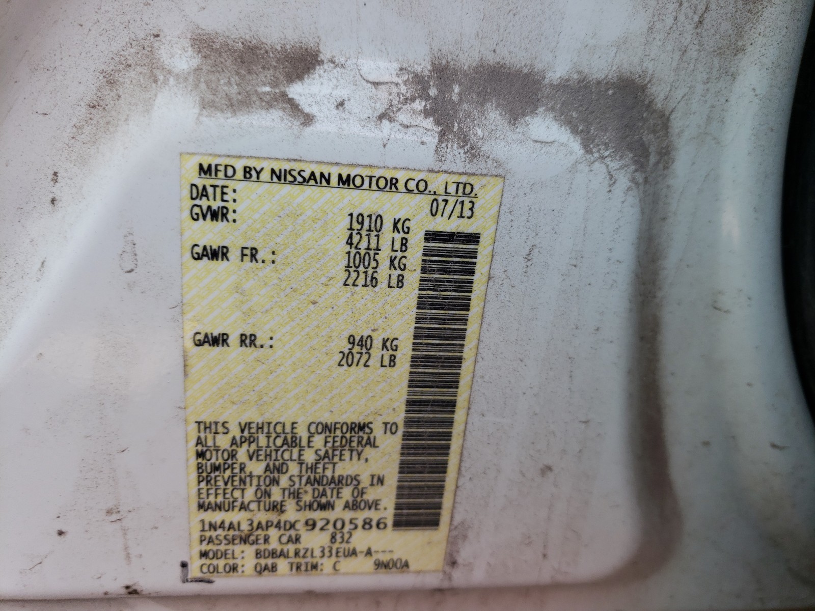 Photo 10 from auction – 2013 NISSAN ALTIMA 2.5 with VIN 1N4AL3AP4DC920586