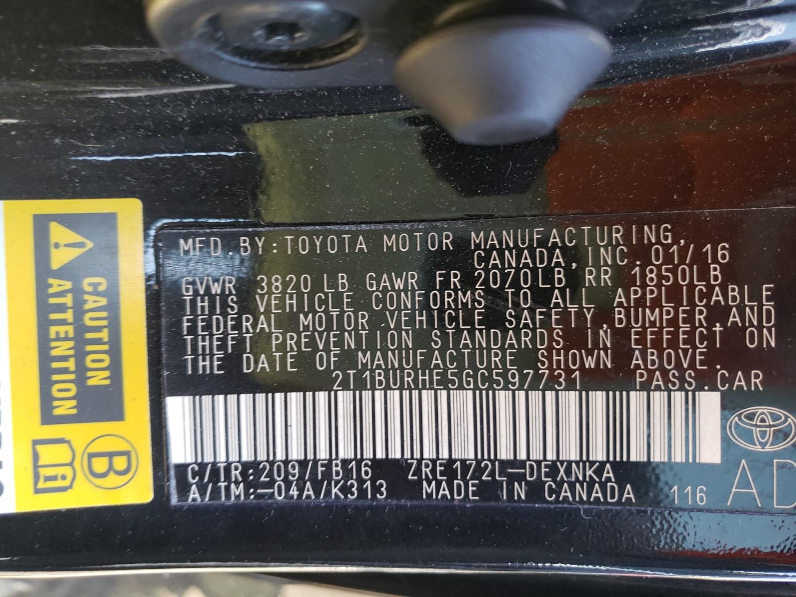 Photo 10 from auction – 2016 TOYOTA COROLLA L with VIN 2T1BURHE5GC597731