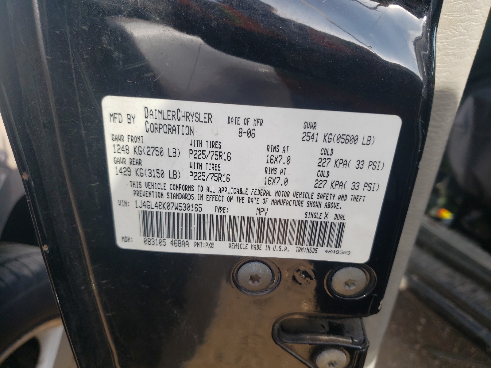 Photo 10 from auction – 2007 JEEP LIBERTY SP with VIN 1J4GL48K07W530165