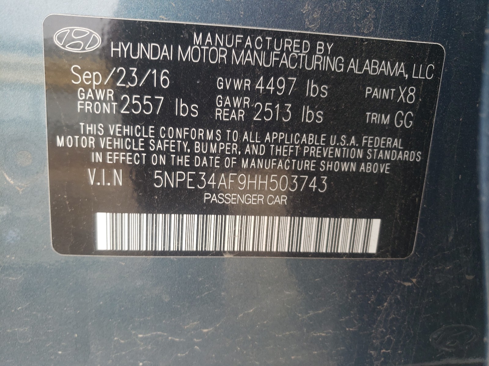 Photo 10 from auction – 2017 HYUNDAI SONATA SPO with VIN 5NPE34AF9HH503743