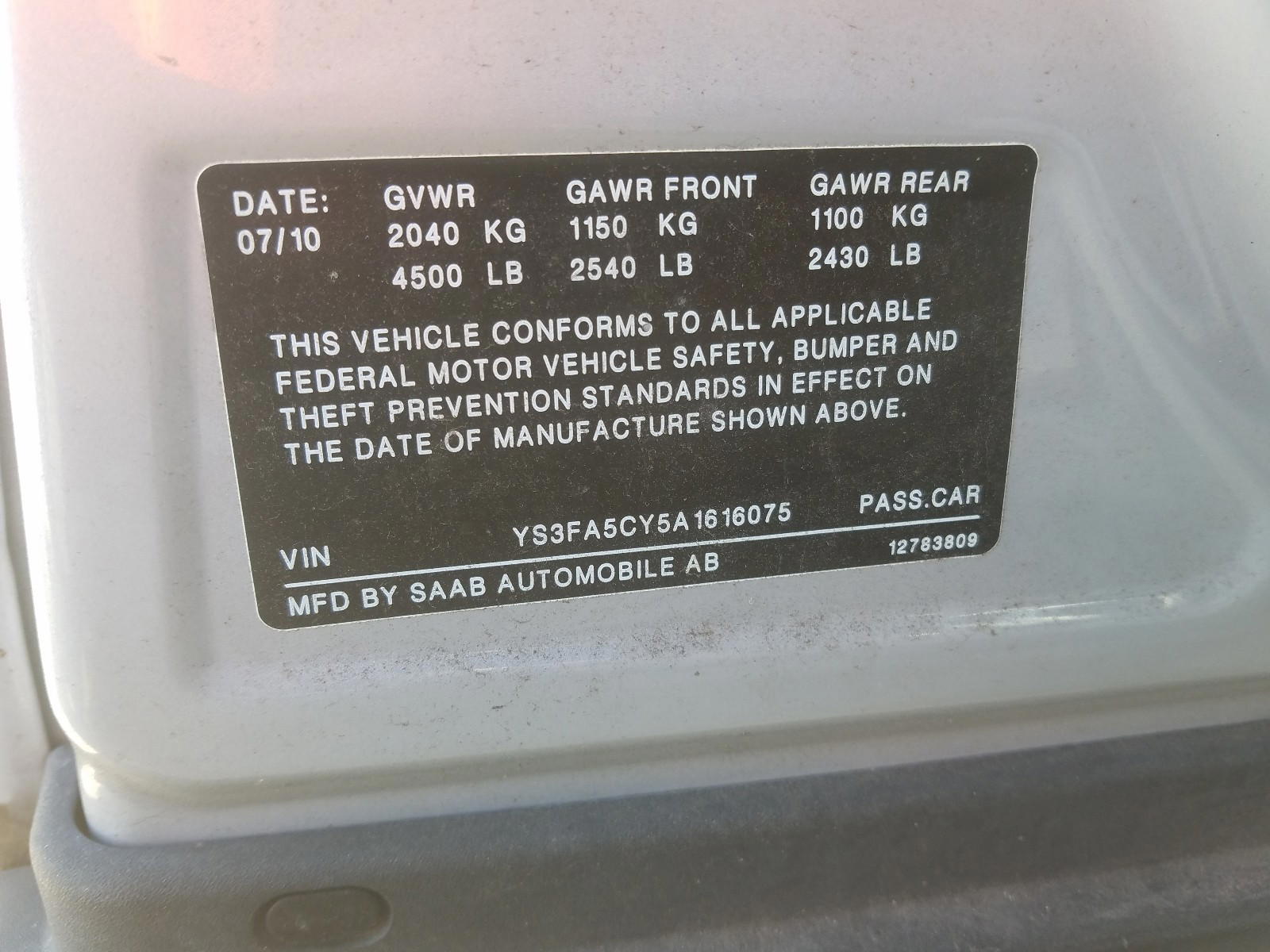 Photo 10 from auction – 2010 SAAB 9-3 2.0T with VIN YS3FA5CY5A1616075
