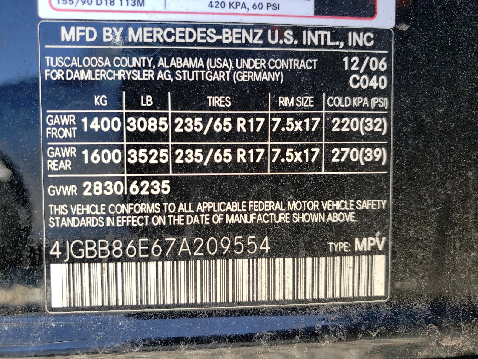 Photo 10 from auction – 2007 MERCEDES-BENZ ML 350 with VIN 4JGBB86E67A209554