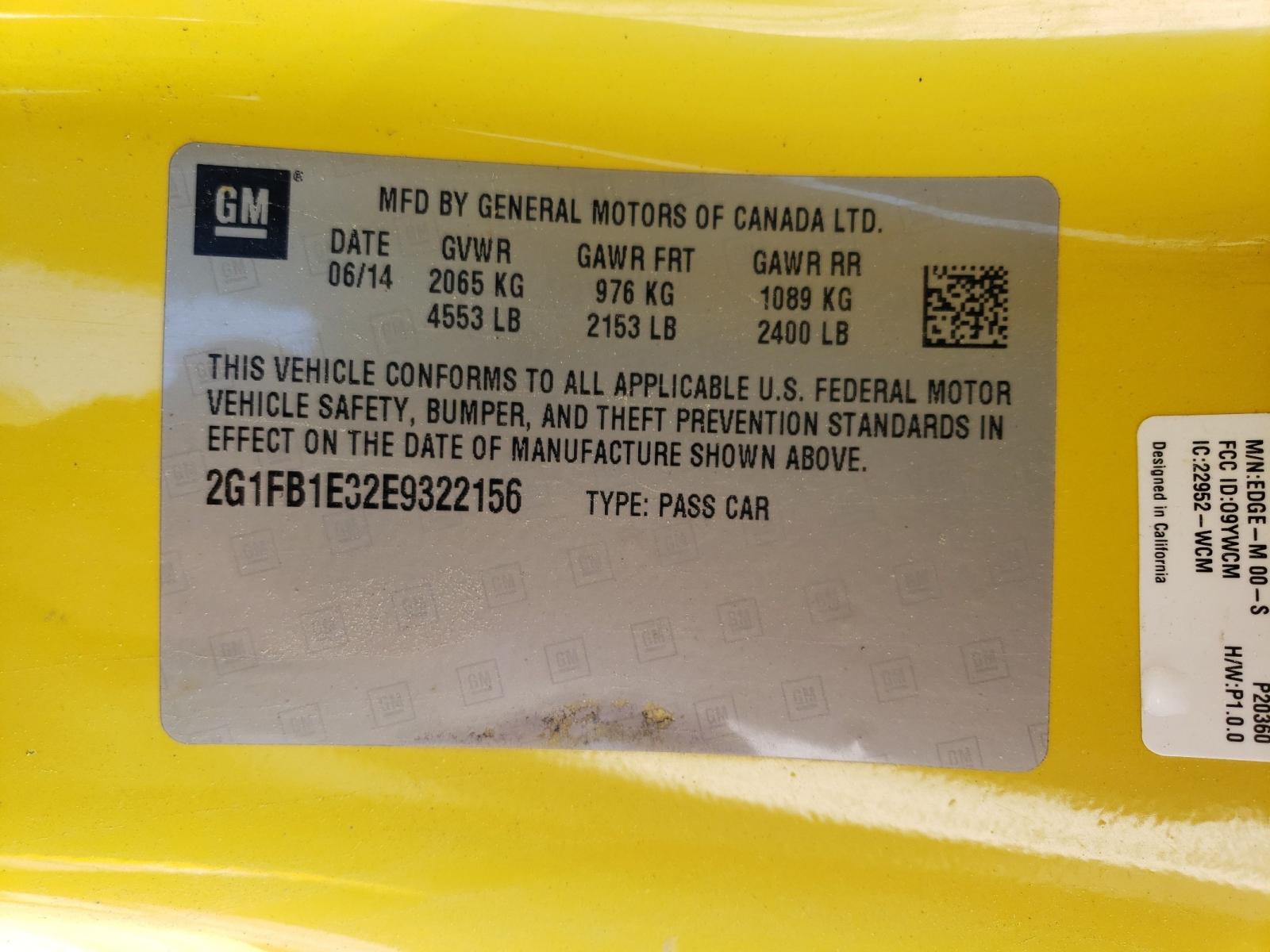 Photo 10 from auction – 2014 CHEVROLET CAMARO LT with VIN 2G1FB1E32E9322156