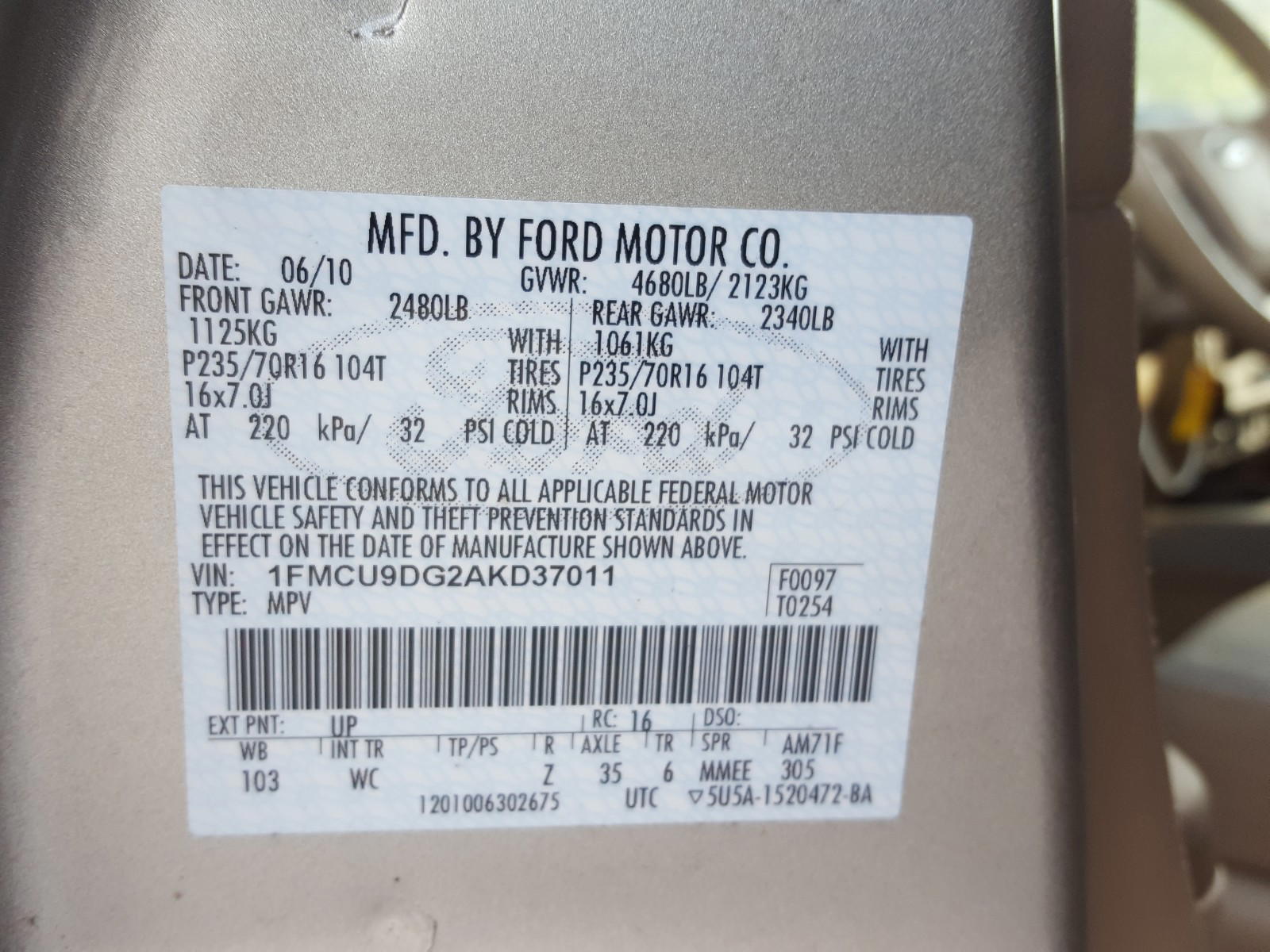Photo 10 from auction – 2010 FORD ESCAPE XLT with VIN 1FMCU9DG2AKD37011
