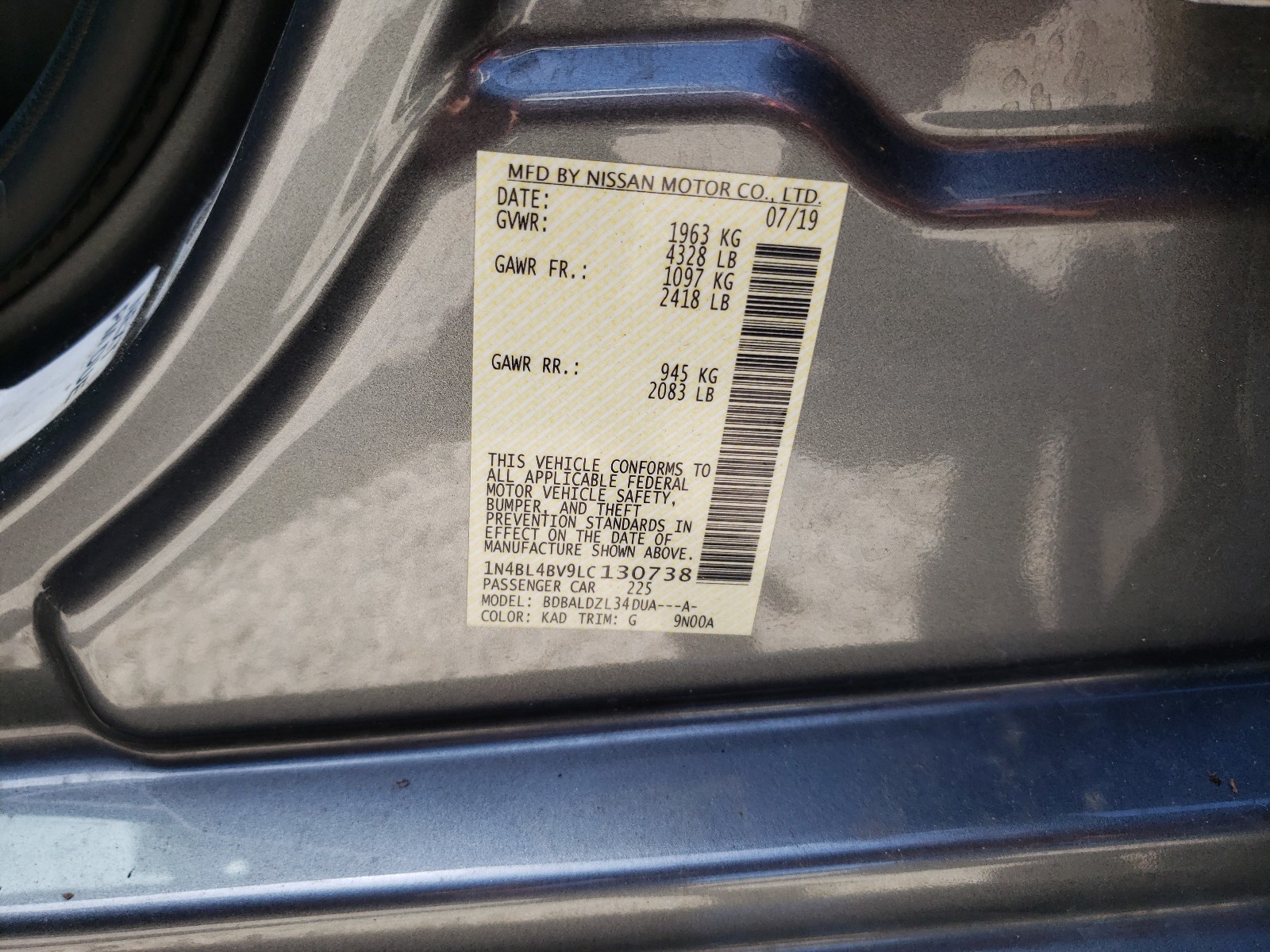 Photo 10 from auction – 2020 NISSAN ALTIMA S with VIN 1N4BL4BV9LC130738