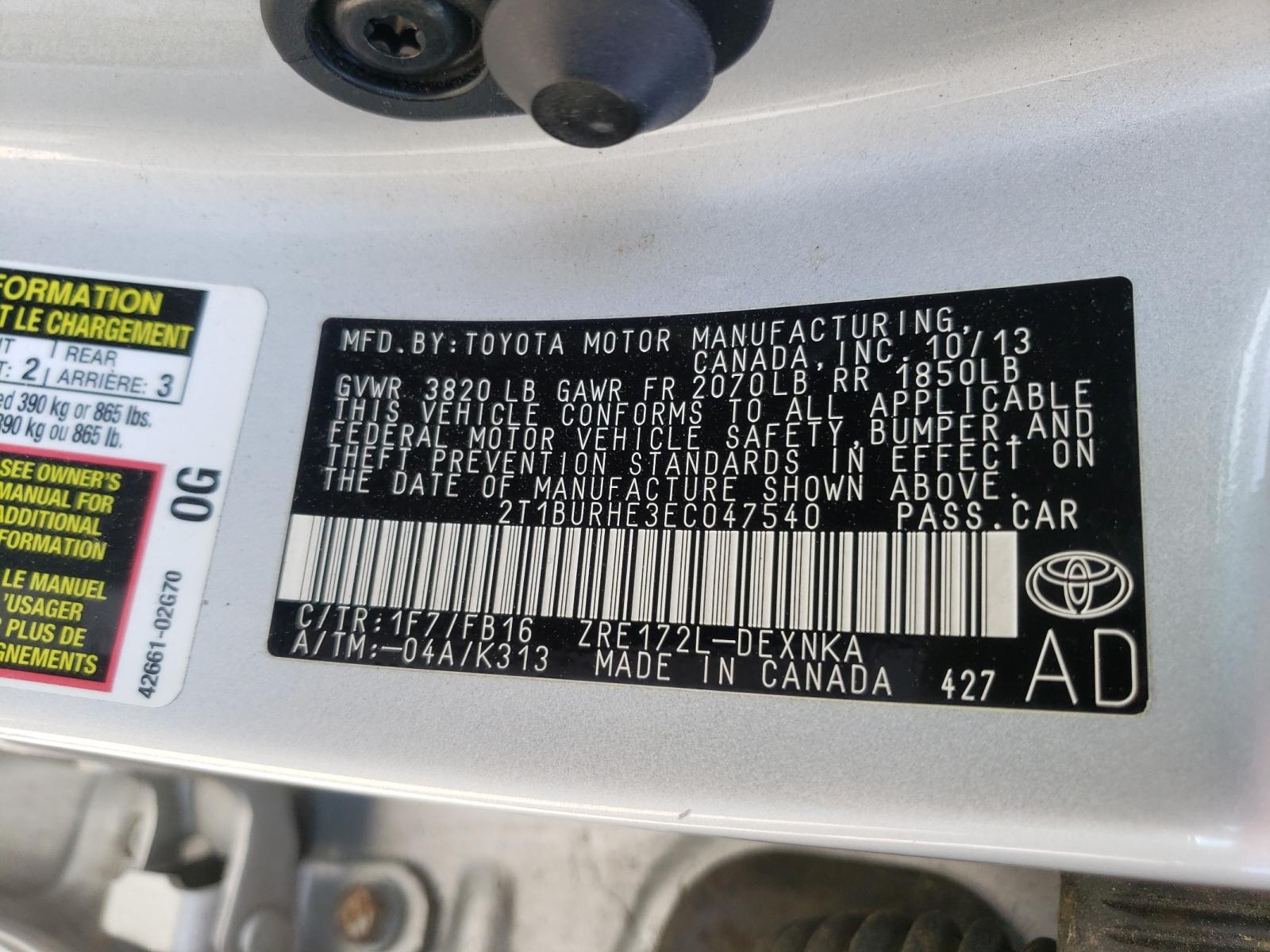 Photo 10 from auction – 2014 TOYOTA COROLLA L with VIN 2T1BURHE3EC047540