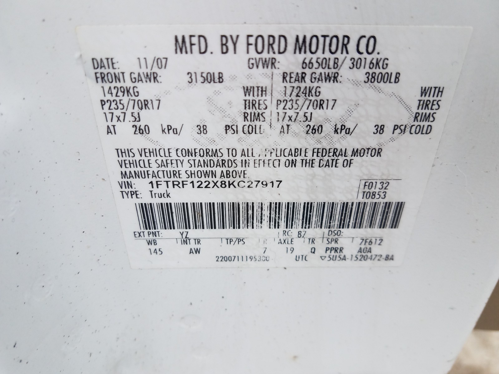 Photo 10 from auction – 2008 FORD F150 with VIN 1FTRF122X8KC27917