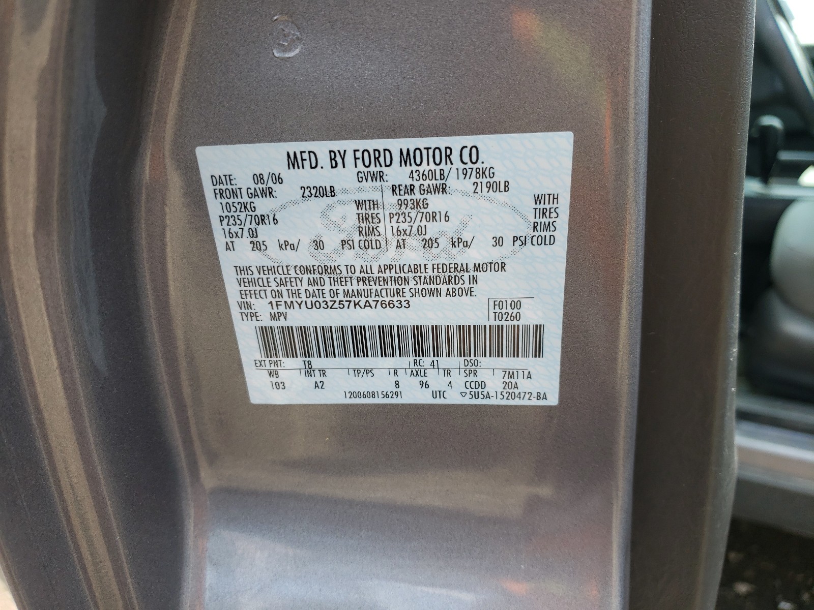 Photo 10 from auction – 2007 FORD ESCAPE with VIN 1FMYU03Z57KA76633