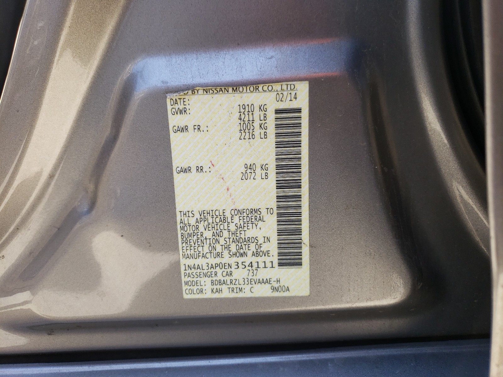 Photo 10 from auction – 2014 NISSAN ALTIMA 2.5 with VIN 1N4AL3AP0EN354111
