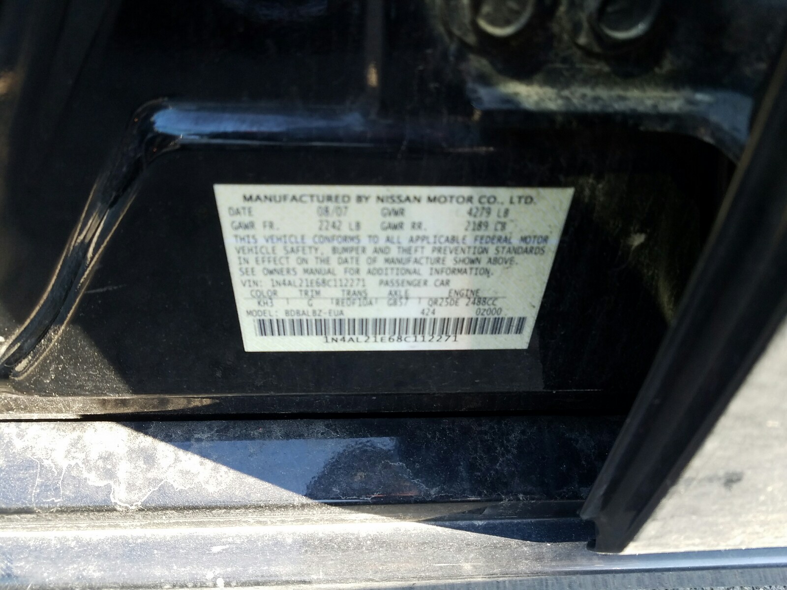 Photo 10 from auction – 2008 NISSAN ALTIMA 2.5 with VIN 1N4AL21E68C112271