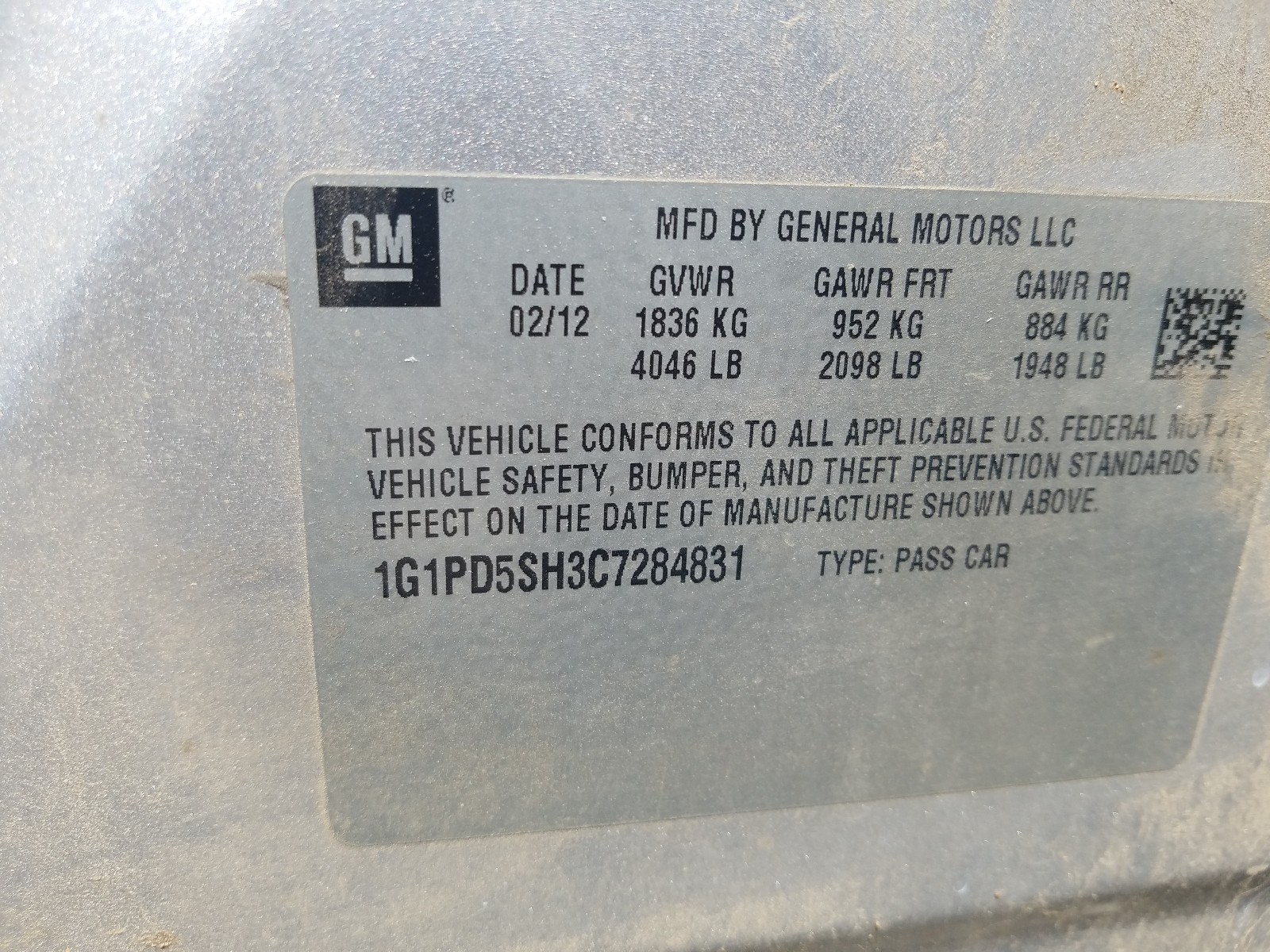 Photo 10 from auction – 2012 CHEVROLET CRUZE LS with VIN 1G1PD5SH3C7284831