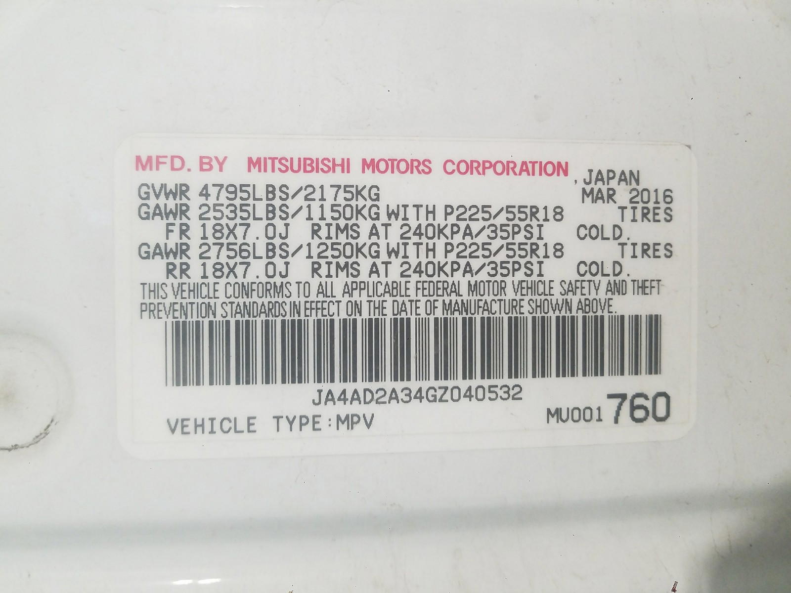 Photo 10 from auction – 2016 MITSUBISHI OUTLANDER with VIN JA4AD2A34GZ040532
