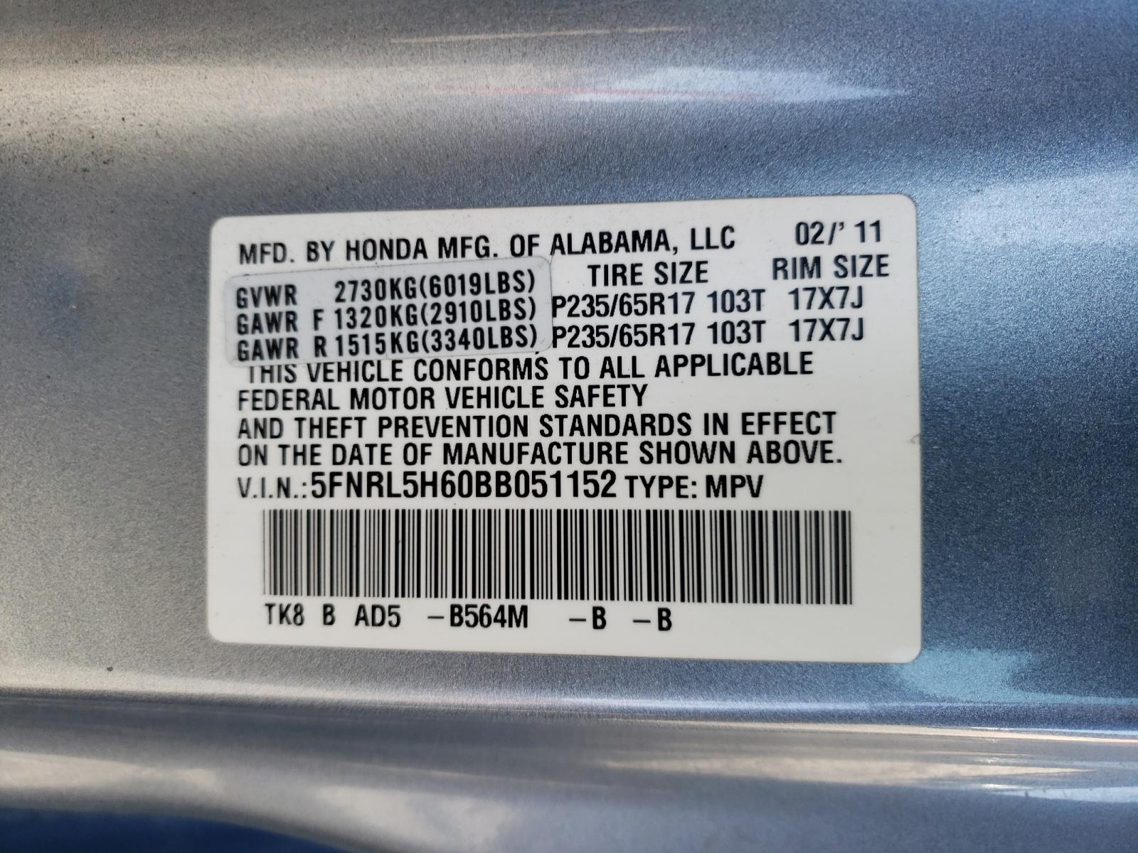 Photo 10 from auction – 2011 HONDA ODYSSEY EX with VIN 5FNRL5H60BB051152
