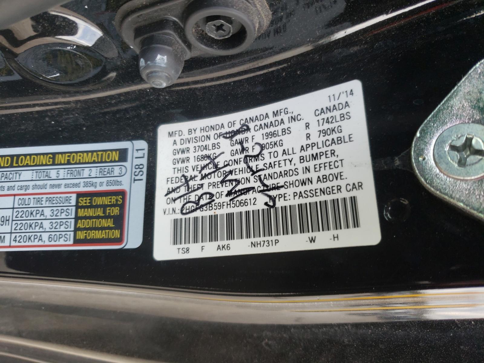 Photo 10 from auction – 2015 HONDA CIVIC LX with VIN 2HGFG3B59FH506612