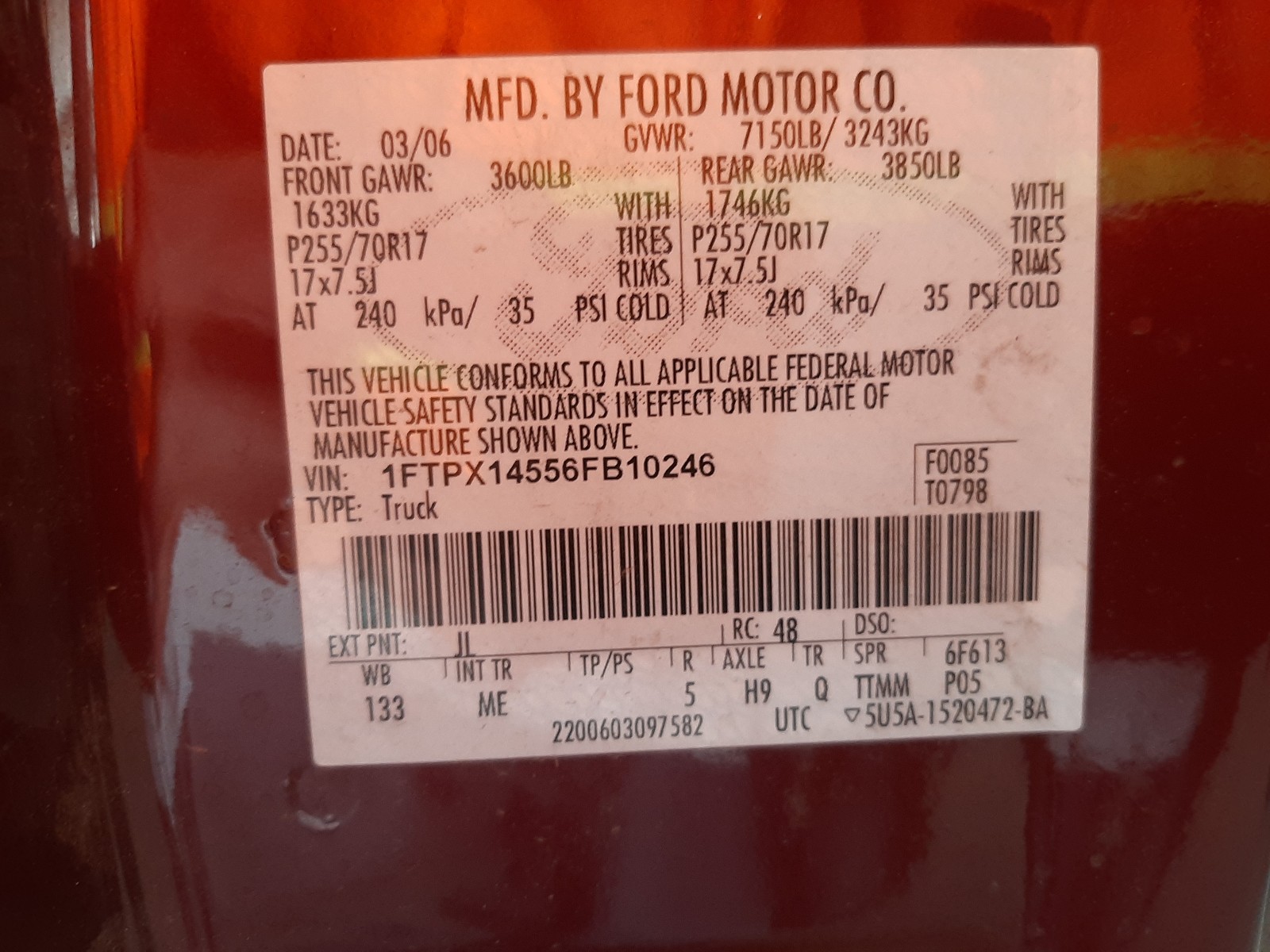 Photo 10 from auction – 2006 FORD F150 with VIN 1FTPX14556FB10246