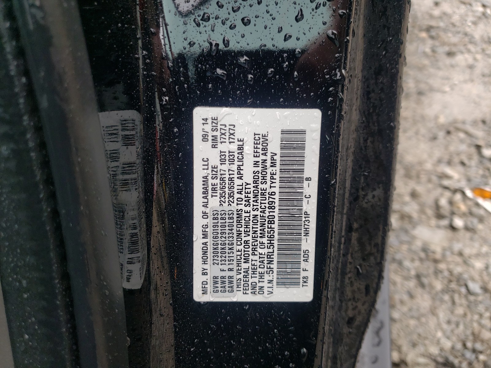 Photo 10 from auction – 2015 HONDA ODYSSEY EX with VIN 5FNRL5H65FB018976
