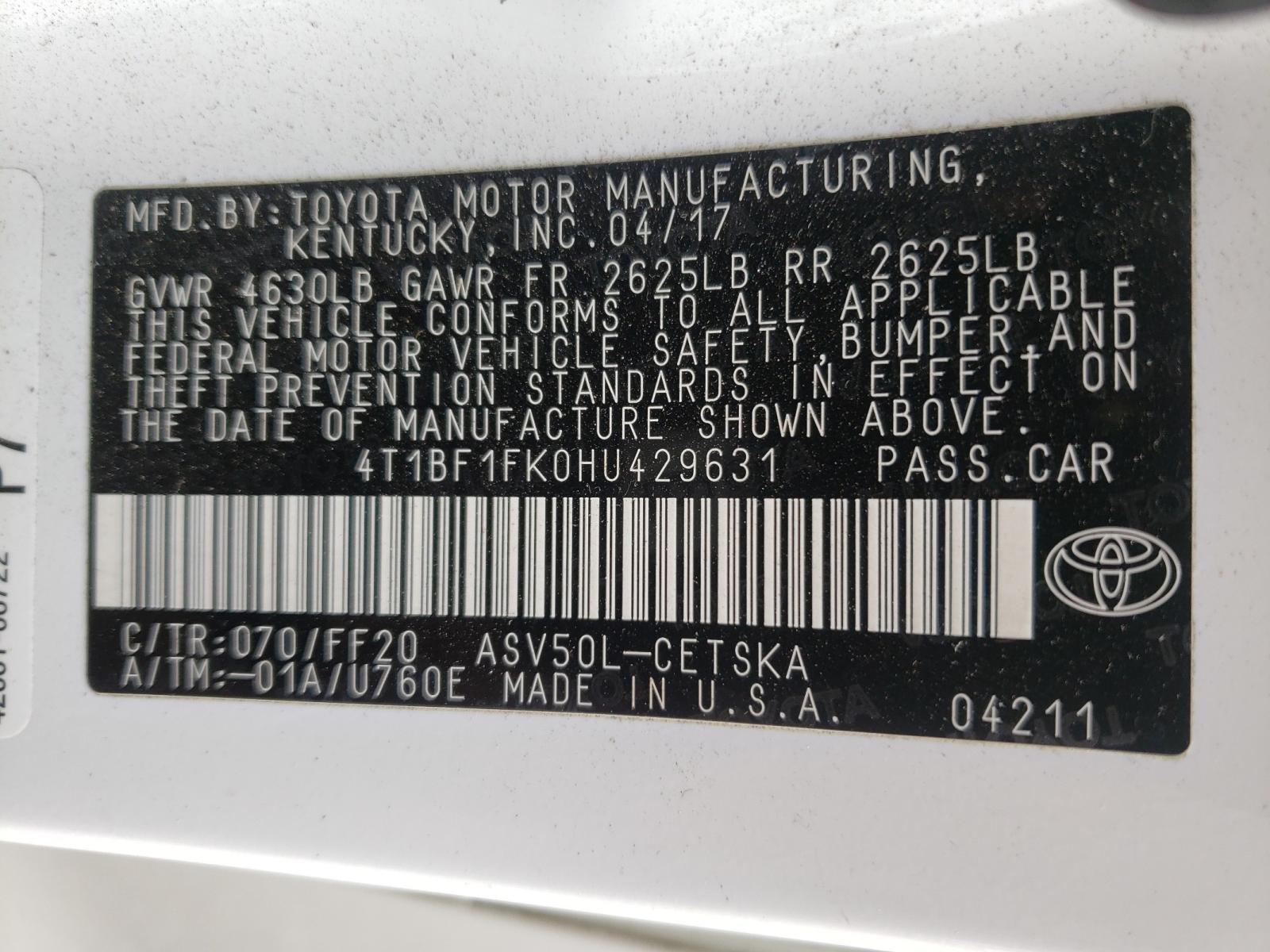 Photo 10 from auction – 2017 TOYOTA CAMRY LE with VIN 4T1BF1FK0HU429631