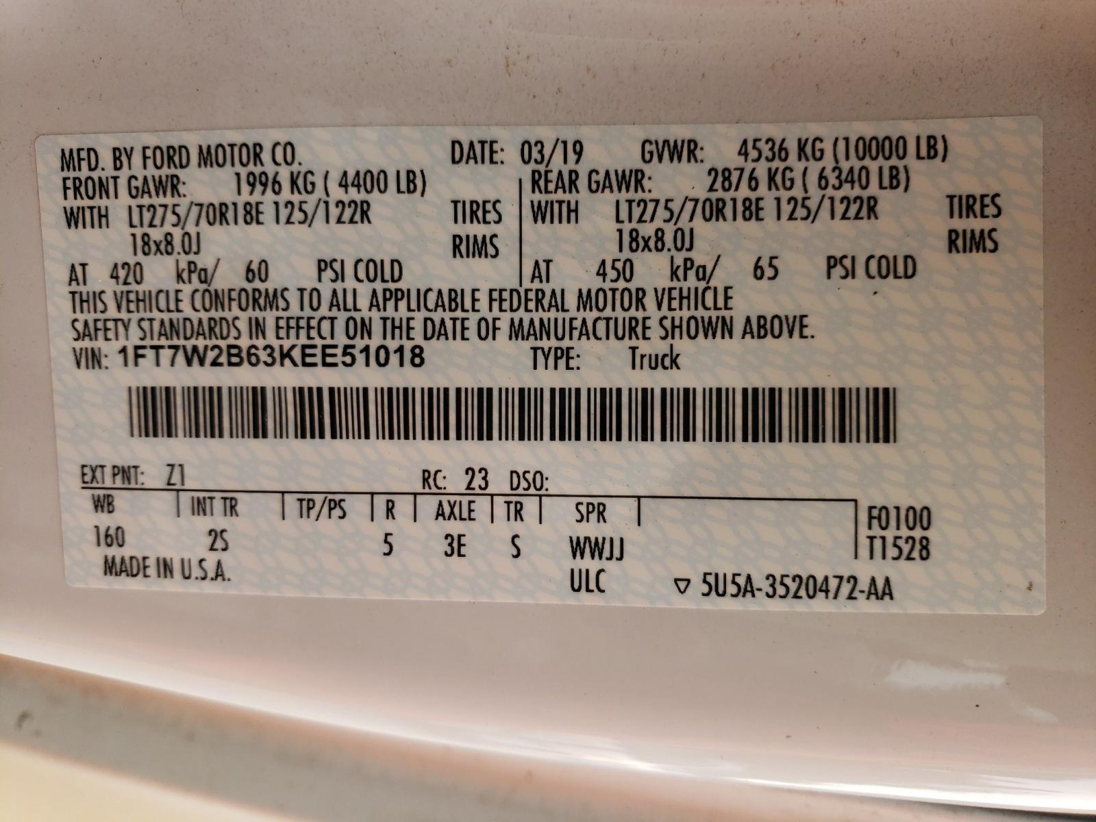 Photo 10 from auction – 2019 FORD F250 SUPER with VIN 1FT7W2B63KEE51018