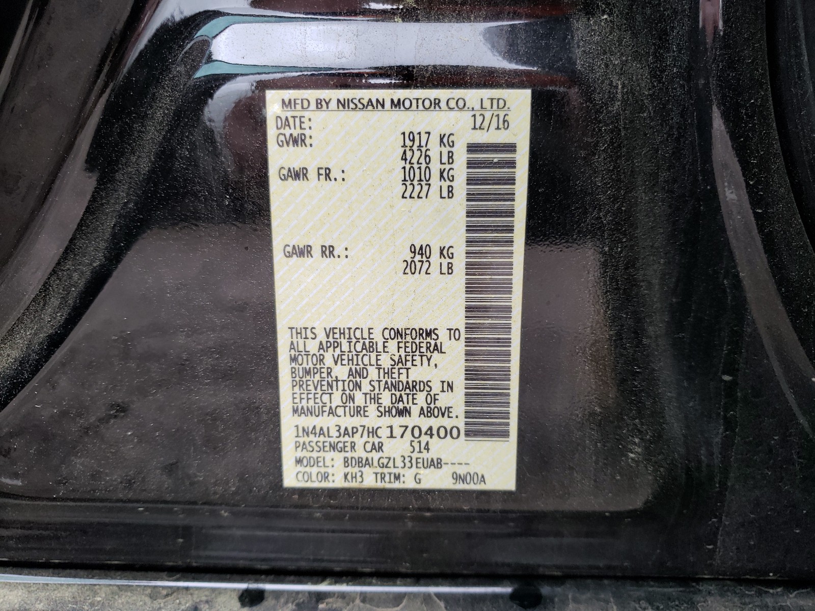 Photo 10 from auction – 2017 NISSAN ALTIMA 2.5 with VIN 1N4AL3AP7HC170400