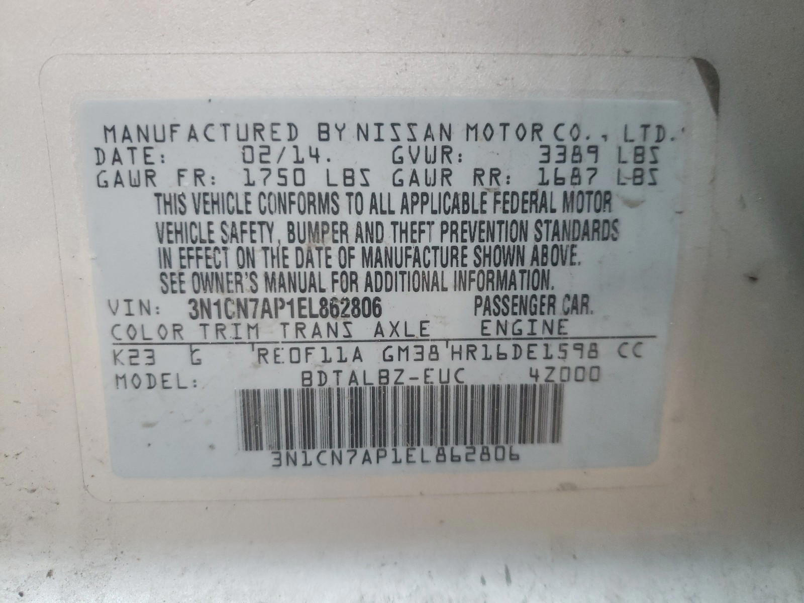 Photo 10 from auction – 2014 NISSAN VERSA S with VIN 3N1CN7AP1EL862806