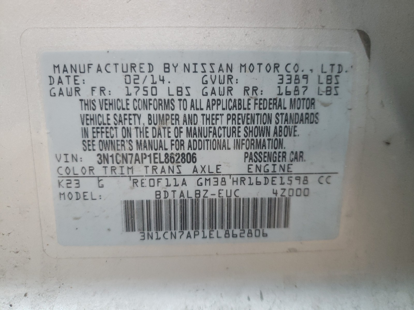 صورة رقم 10 من المزاد - 2014 NISSAN VERSA S مع VIN 3N1CN7AP1EL862806