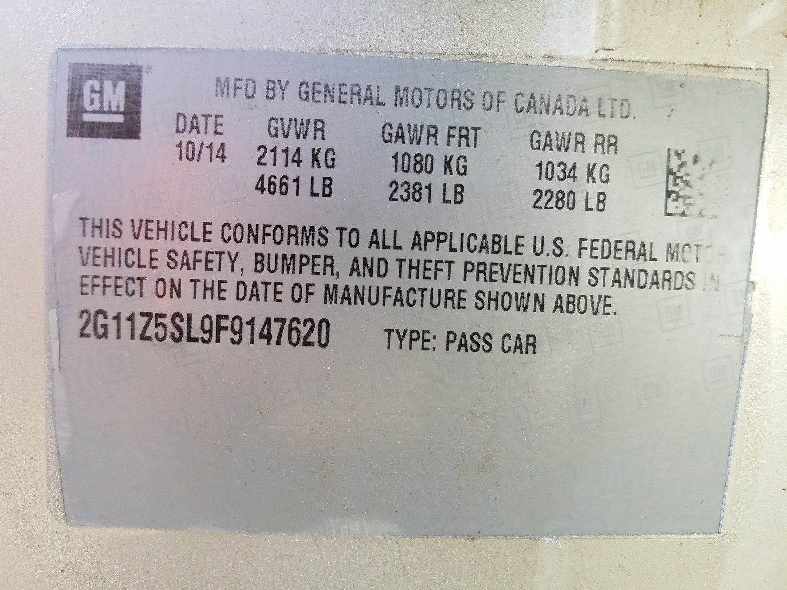 Photo 10 from auction – 2015 CHEVROLET IMPALA LS with VIN 2G11Z5SL9F9147620