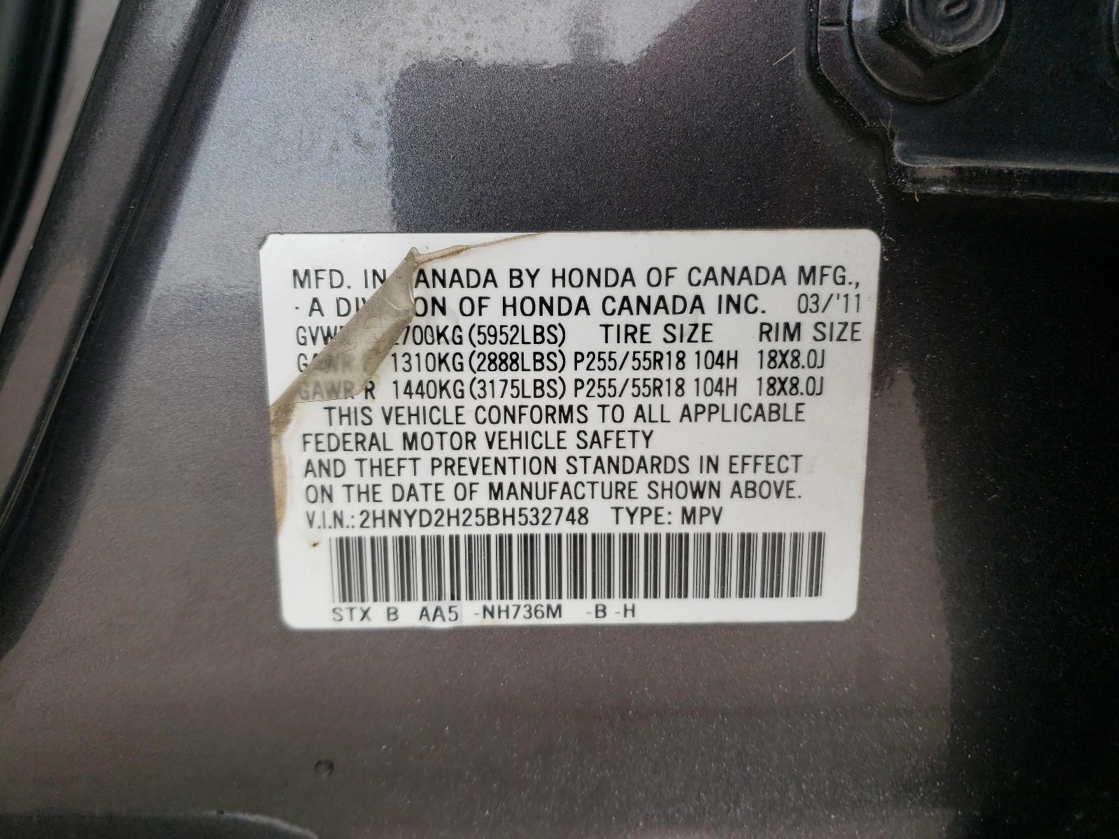 Photo 10 from auction – 2011 ACURA MDX with VIN 2HNYD2H25BH532748