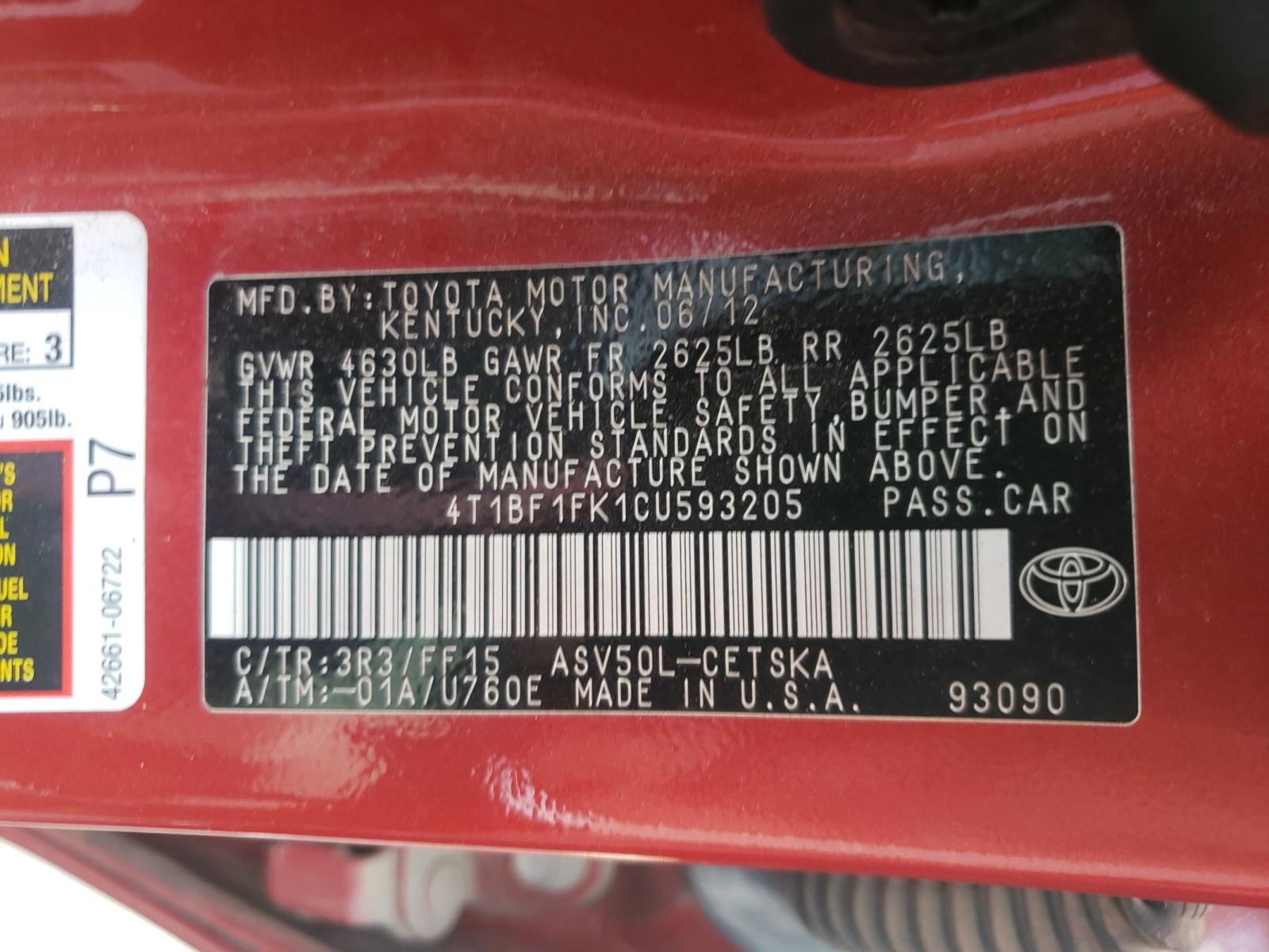 Photo 10 from auction – 2012 TOYOTA CAMRY BASE with VIN 4T1BF1FK1CU593205