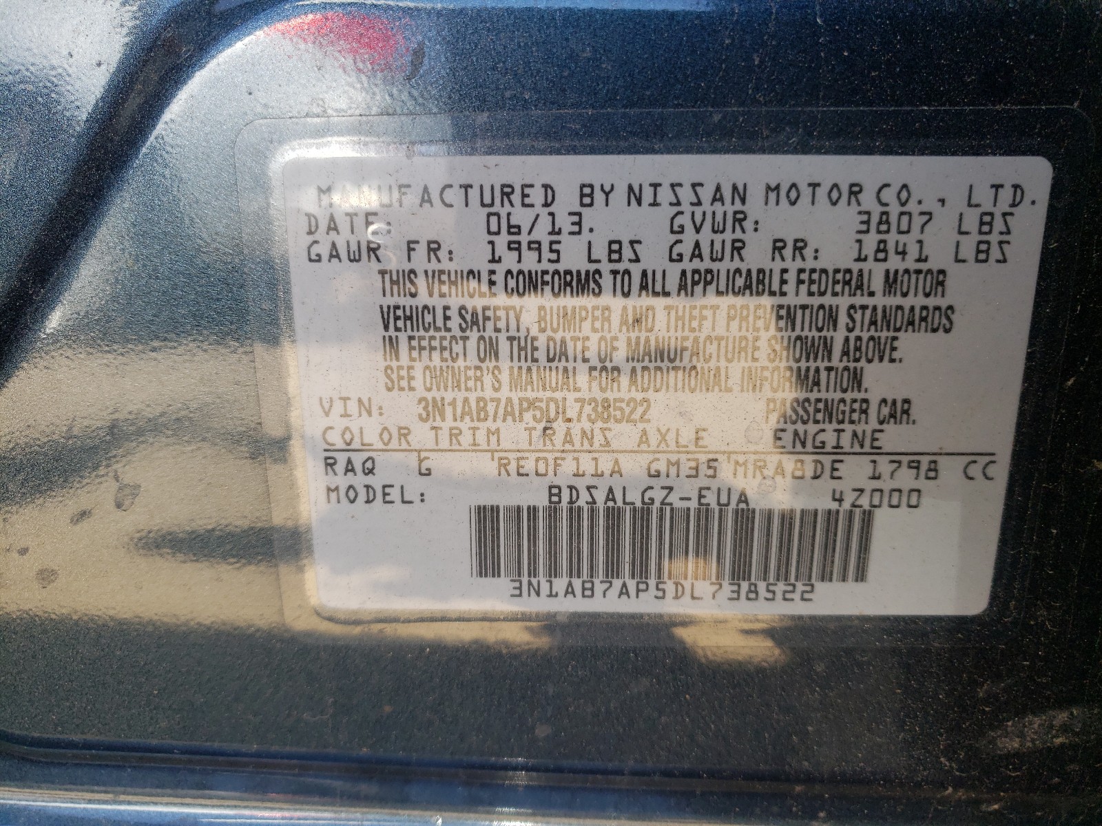 Photo 10 from auction – 2013 NISSAN SENTRA S with VIN 3N1AB7AP5DL738522