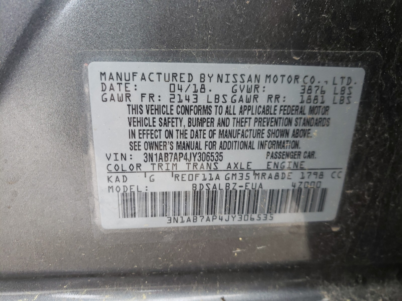 Photo 10 from auction – 2018 NISSAN SENTRA S with VIN 3N1AB7AP4JY306535