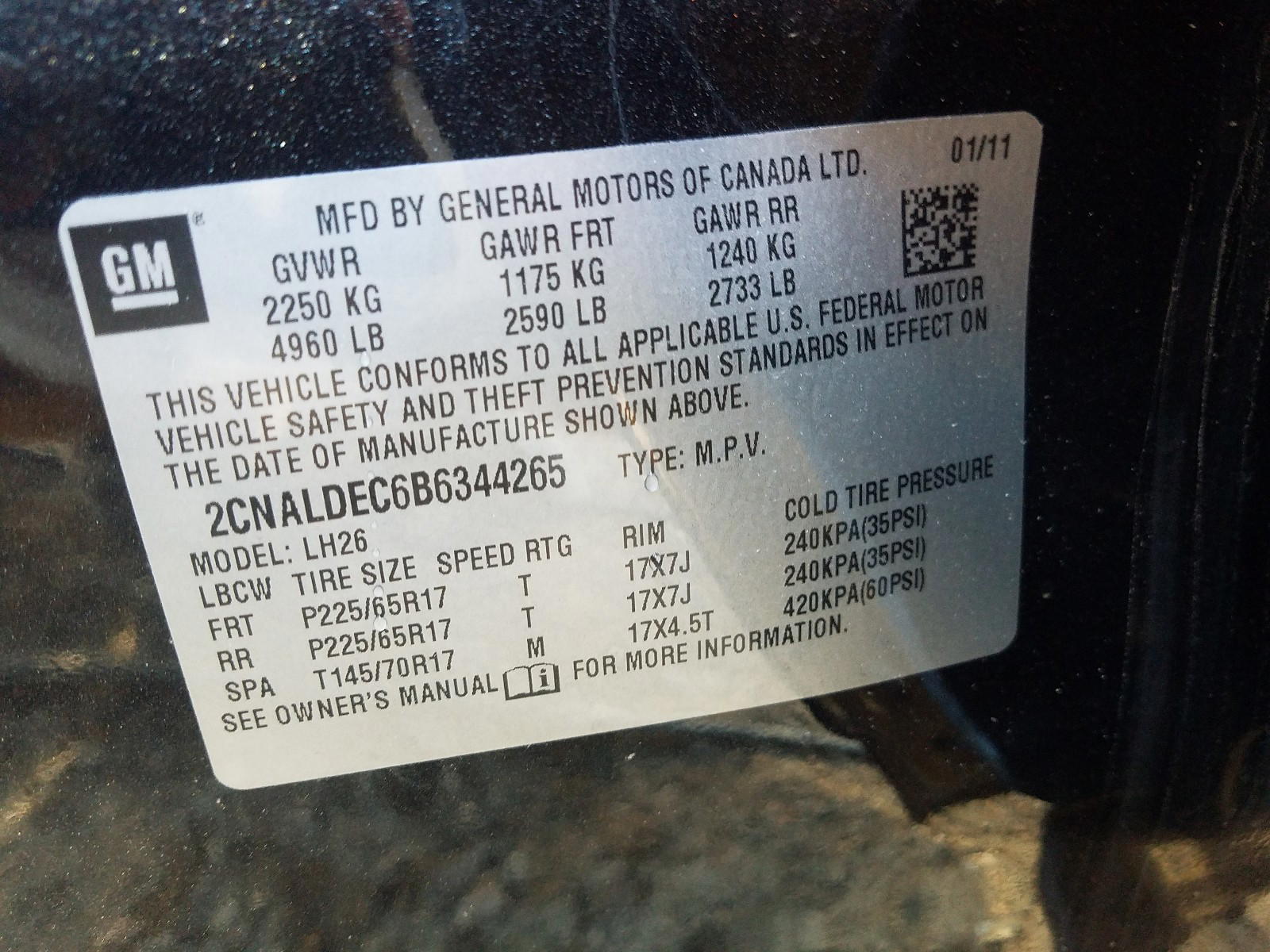 Photo 10 from auction – 2011 CHEVROLET EQUINOX LT with VIN 2CNALDEC6B6344265