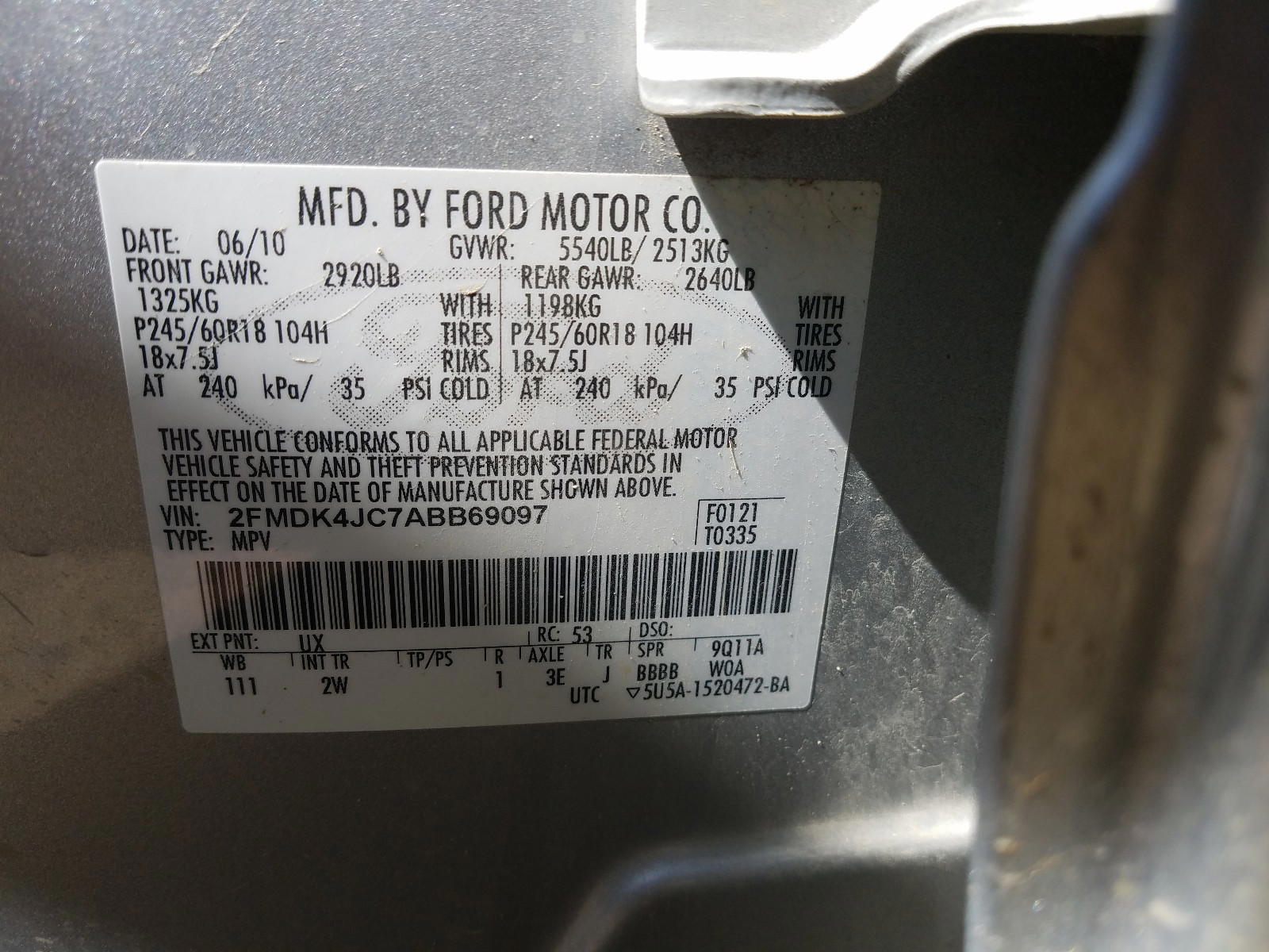 Photo 10 from auction – 2010 FORD EDGE SEL with VIN 2FMDK4JC7ABB69097