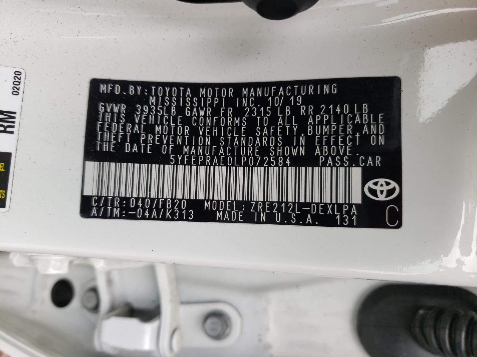 Photo 10 from auction – 2020 TOYOTA COROLLA LE with VIN 5YFEPRAE0LP072584