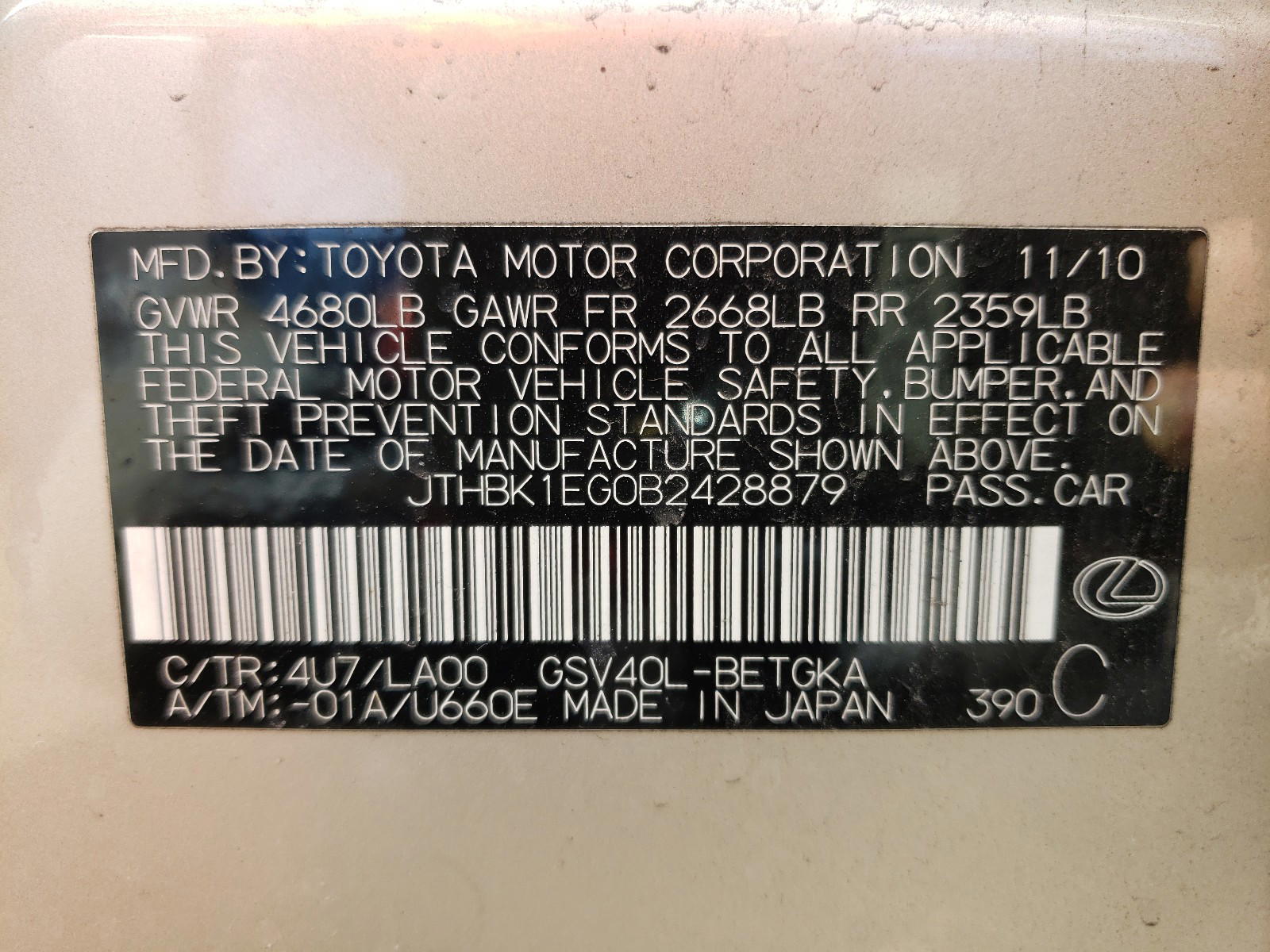 Photo 10 from auction – 2011 LEXUS ES 350 with VIN JTHBK1EG0B2428879