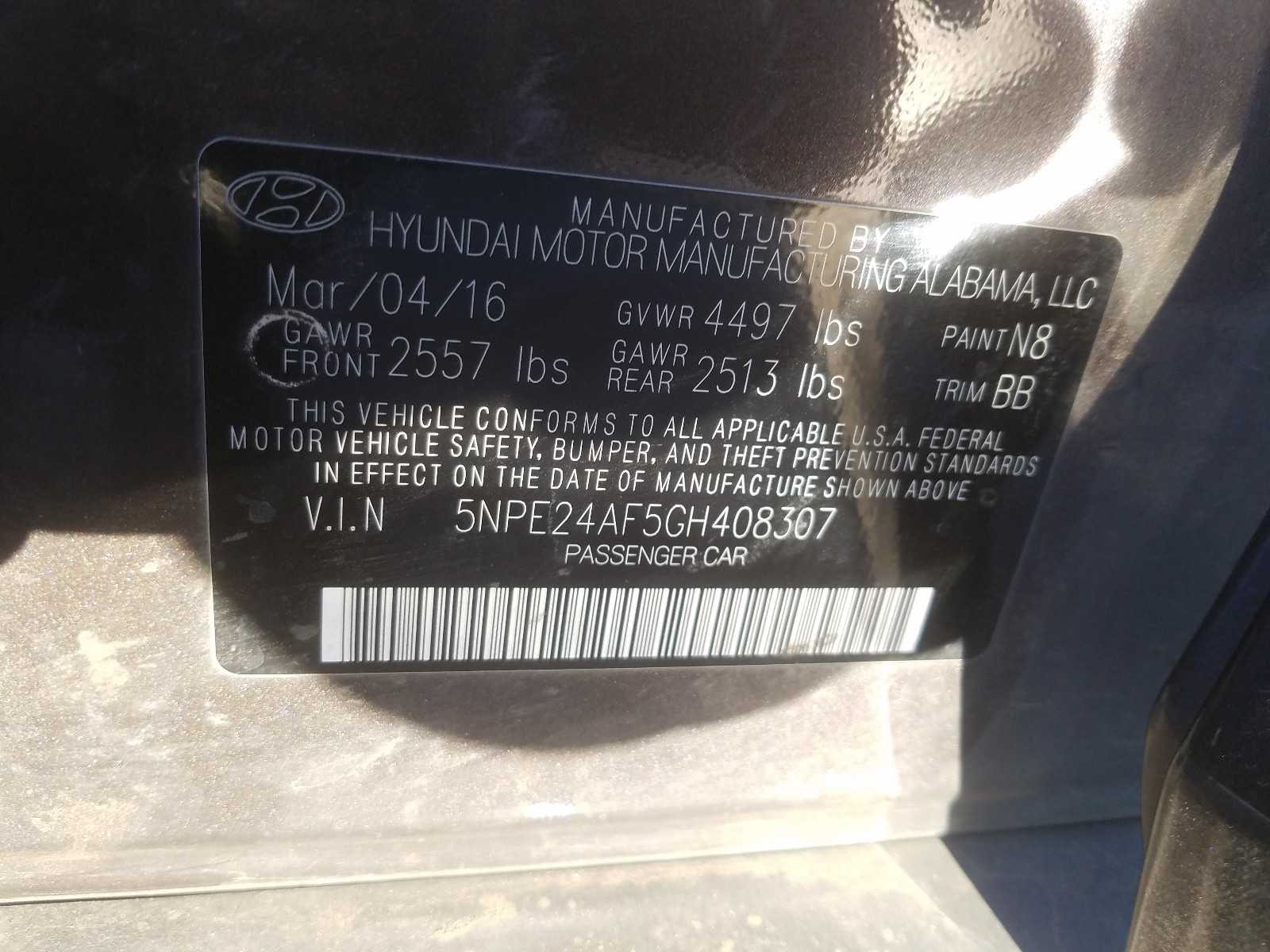 Photo 10 from auction – 2016 HYUNDAI SONATA SE with VIN 5NPE24AF5GH408307