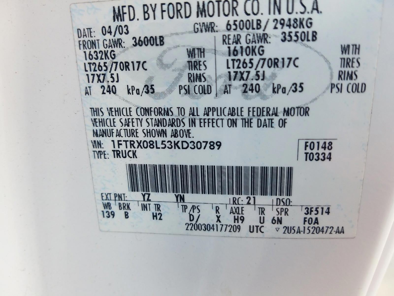 Photo 20 from auction – 2003 FORD F150 with VIN 1FTRX08L53KD30789