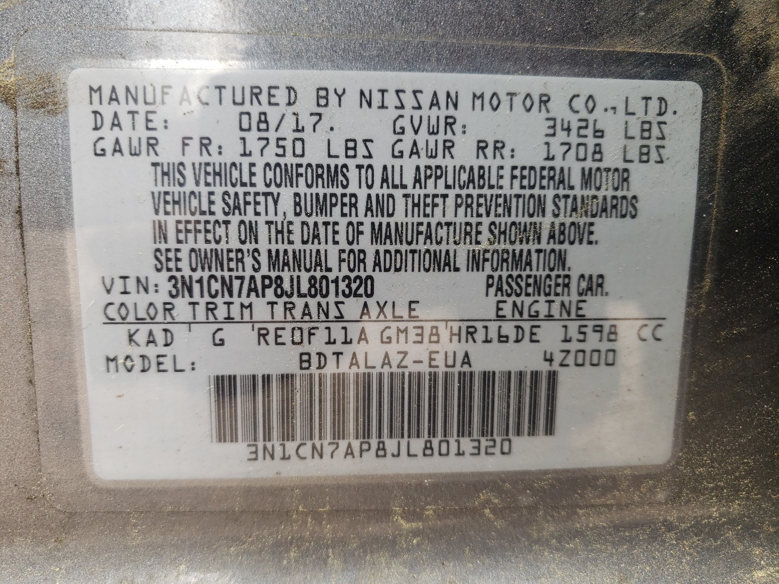 Photo 10 from auction – 2018 NISSAN VERSA S with VIN 3N1CN7AP8JL801320