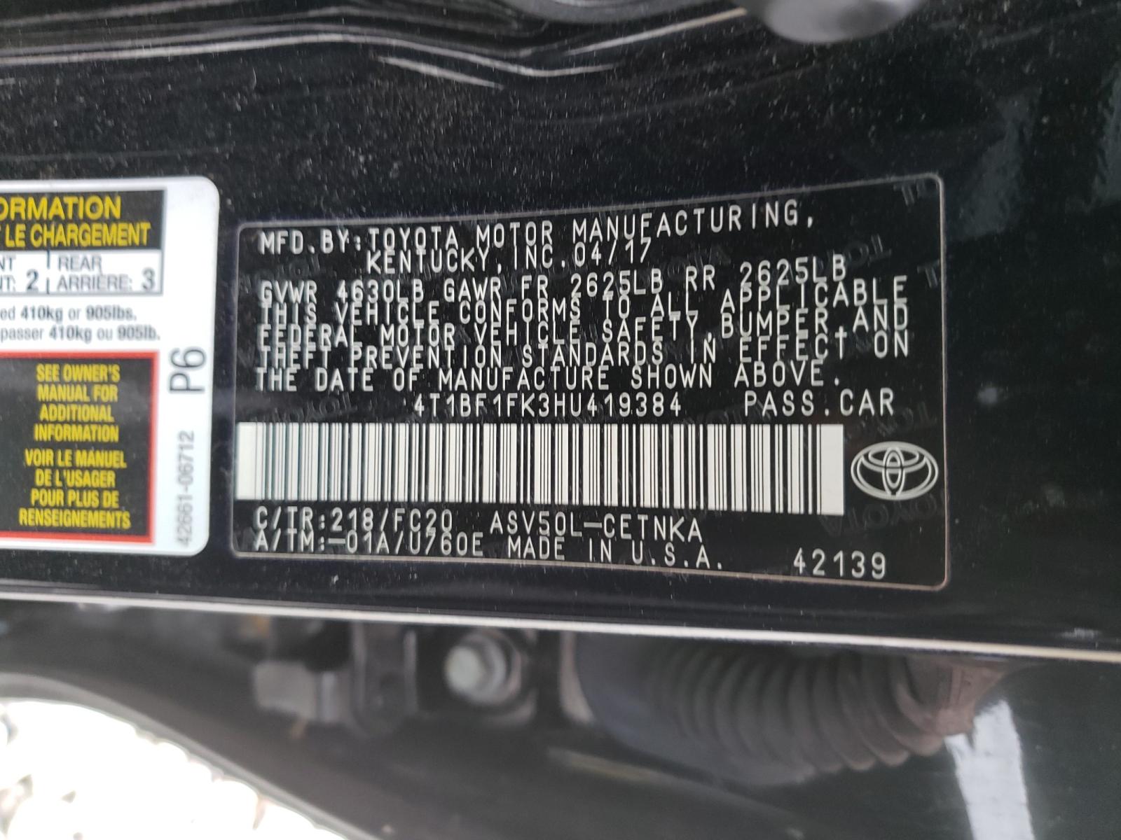 Photo 10 from auction – 2017 TOYOTA CAMRY LE with VIN 4T1BF1FK3HU419384