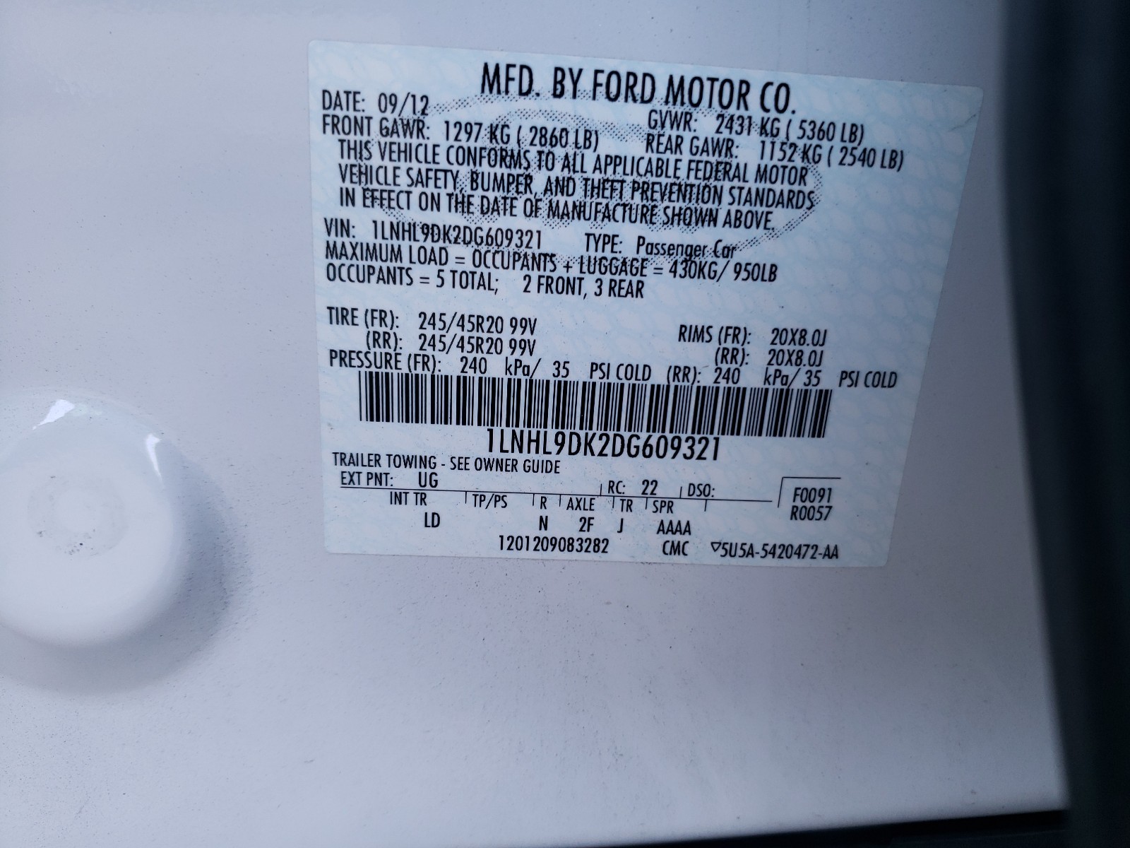 Photo 10 from auction – 2013 LINCOLN MKS with VIN 1LNHL9DK2DG609321