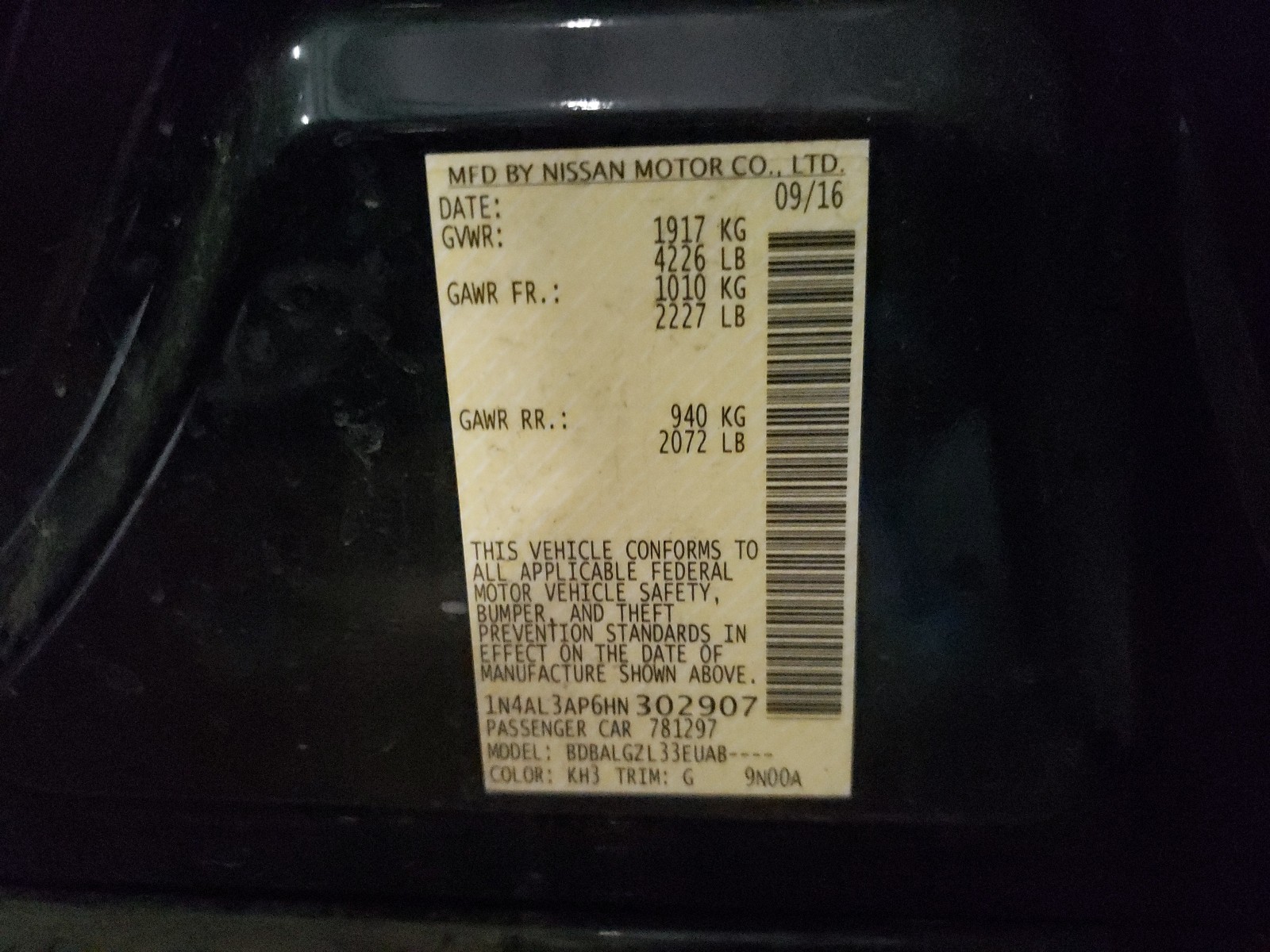 Photo 10 from auction – 2017 NISSAN ALTIMA 2.5 with VIN 1N4AL3AP6HN302907