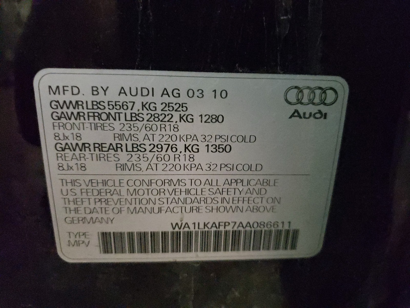Photo 10 from auction – 2010 AUDI Q5 PREMIUM with VIN WA1LKAFP7AA086611