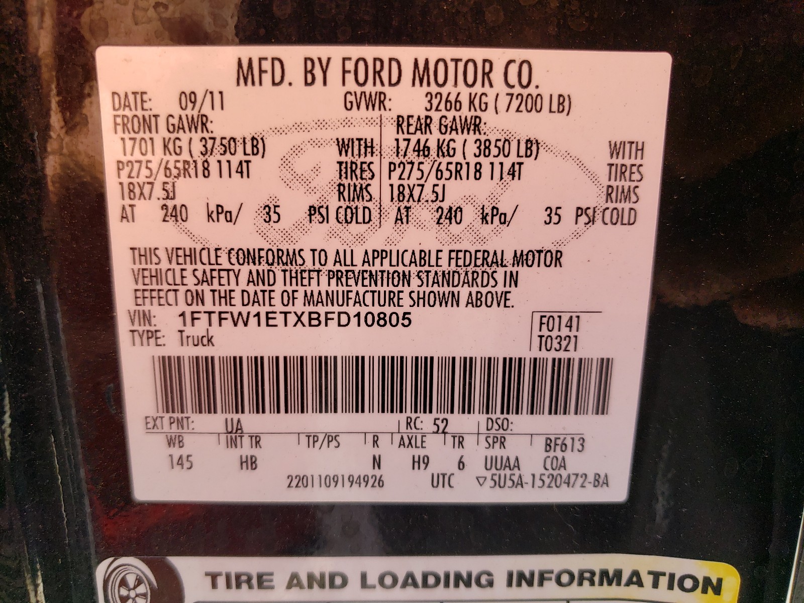 Photo 10 from auction – 2011 FORD F150 SUPER with VIN 1FTFW1ETXBFD10805