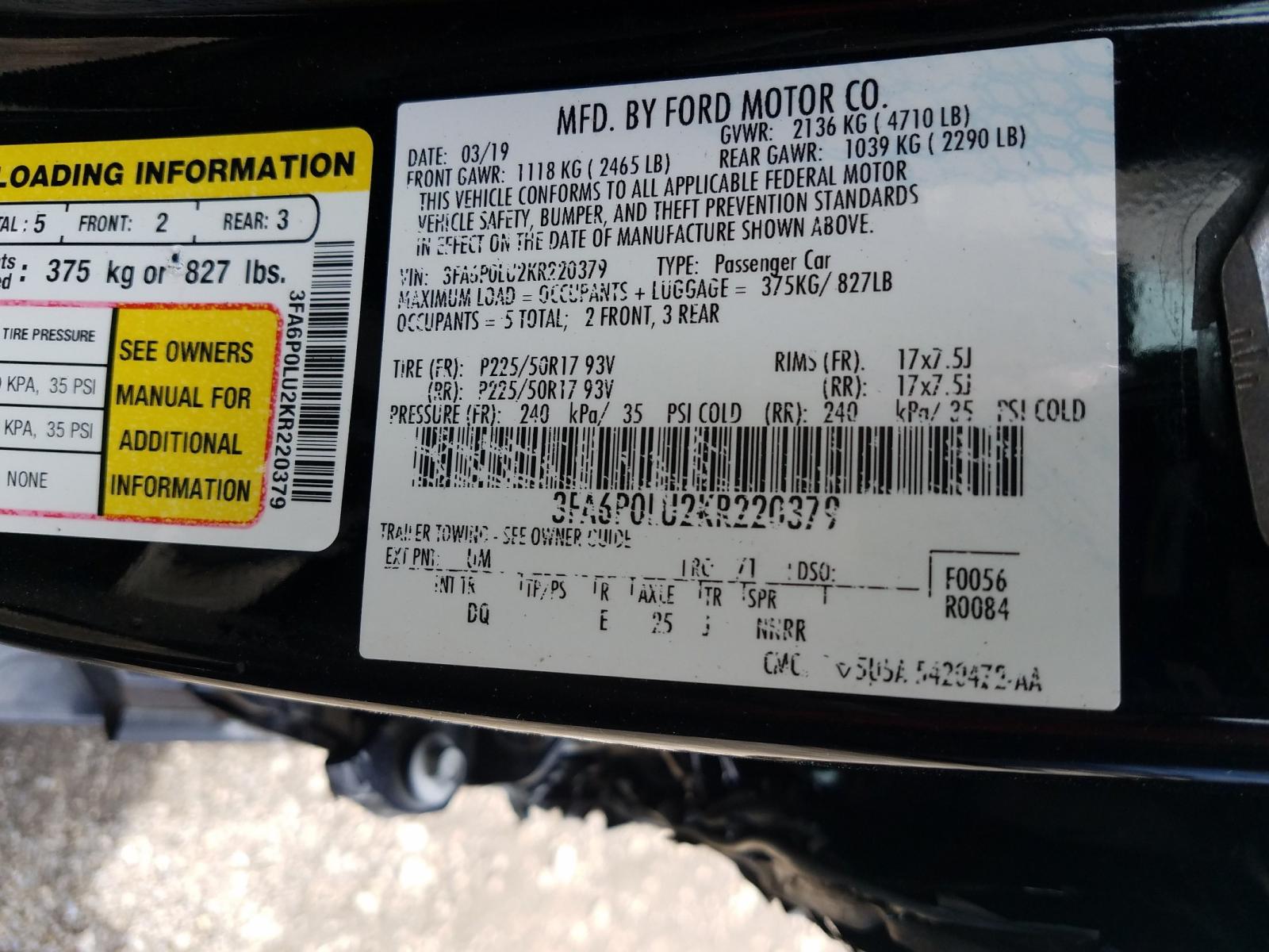 Photo 10 from auction – 2019 FORD FUSION SE with VIN 3FA6P0LU2KR220379