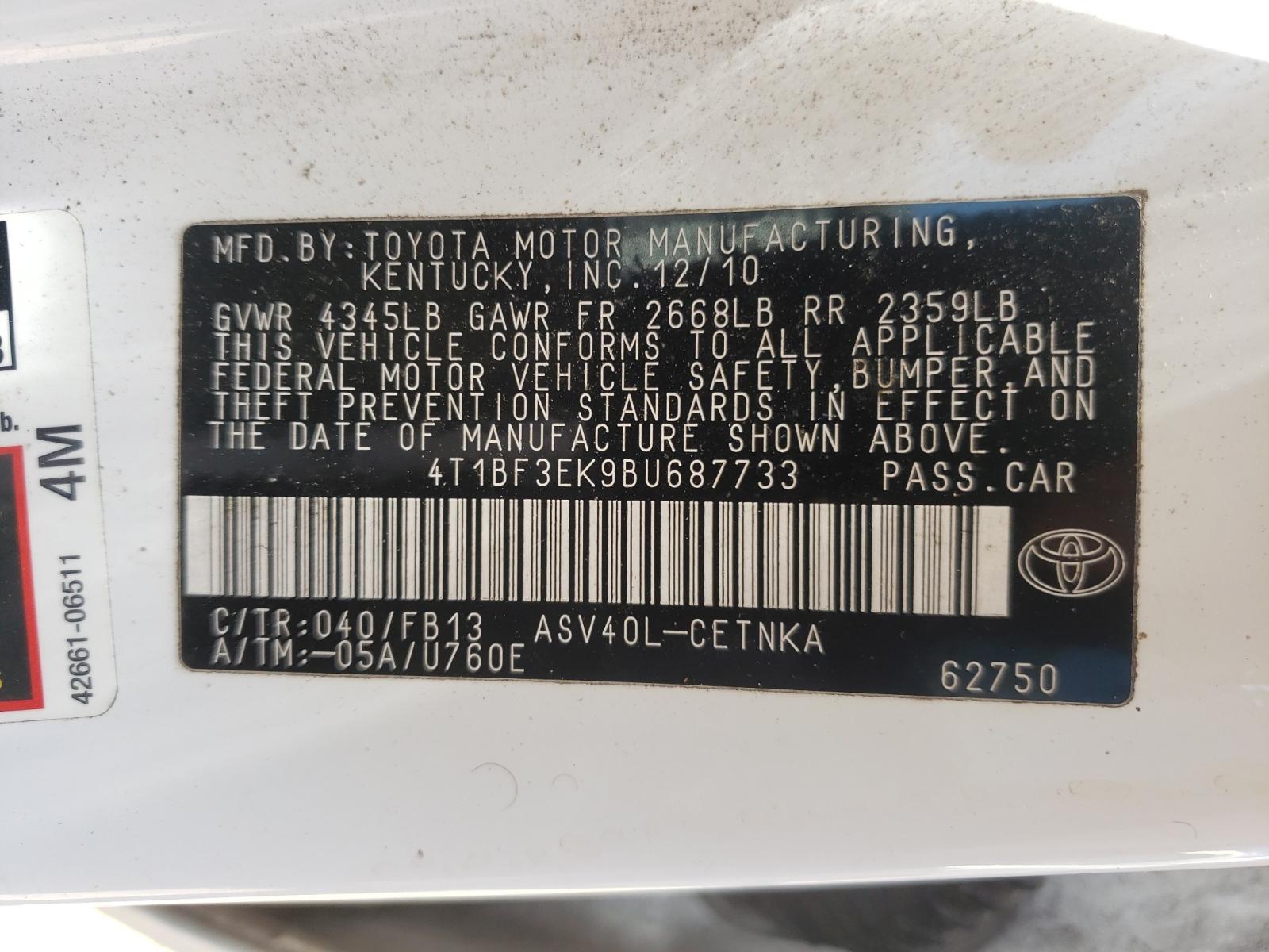 Photo 10 from auction – 2011 TOYOTA CAMRY BASE with VIN 4T1BF3EK9BU687733