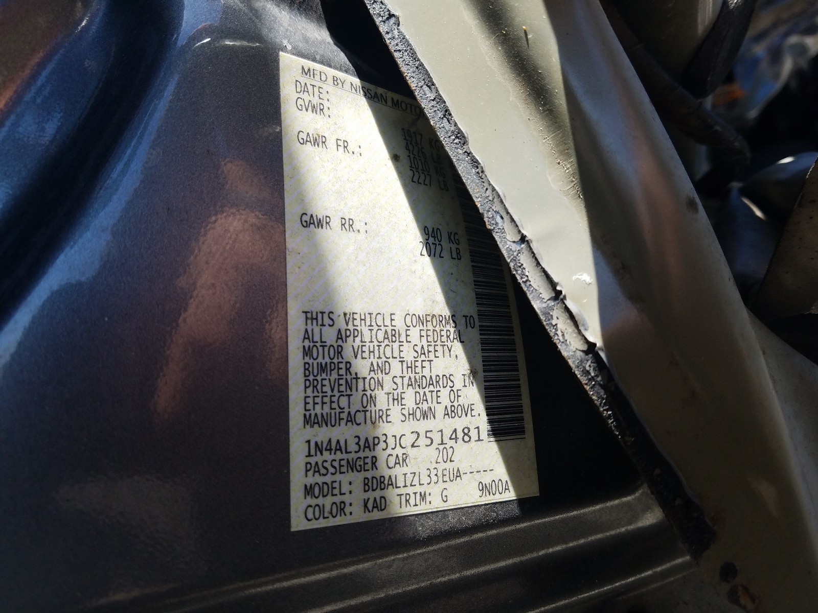Photo 10 from auction – 2018 NISSAN ALTIMA 2.5 with VIN 1N4AL3AP3JC251481