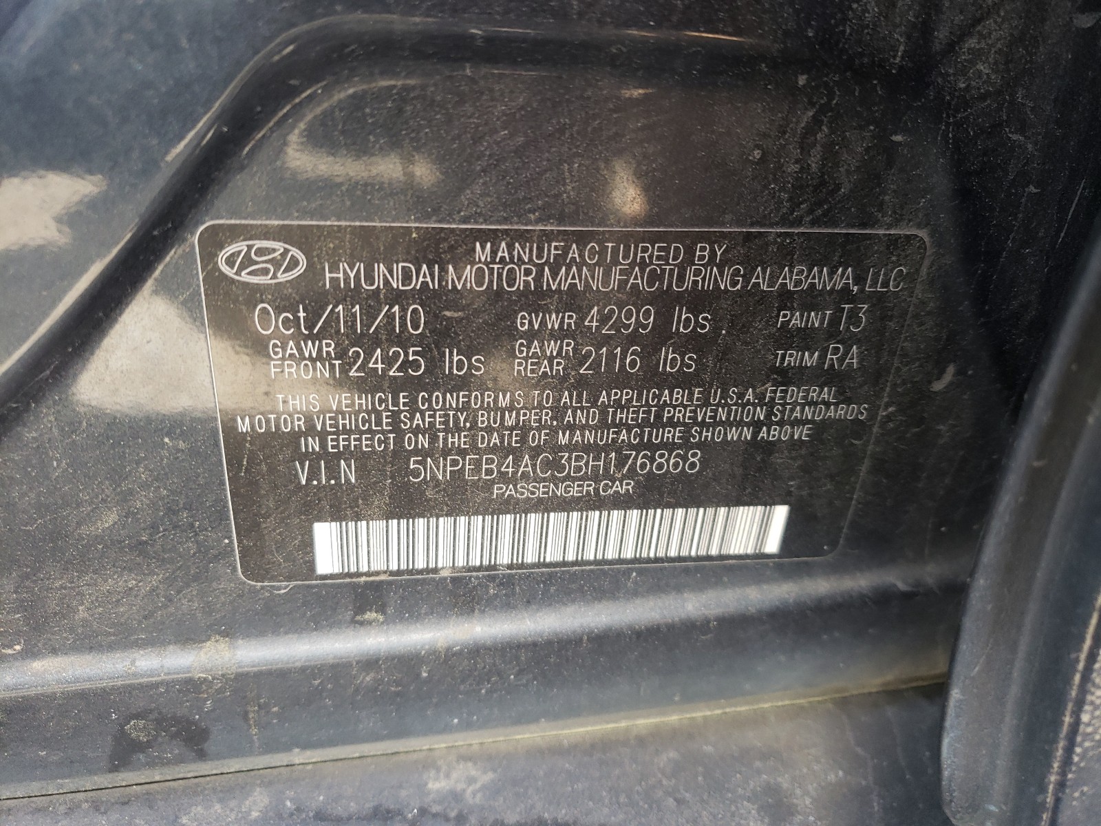 Photo 10 from auction – 2011 HYUNDAI SONATA GLS with VIN 5NPEB4AC3BH176868